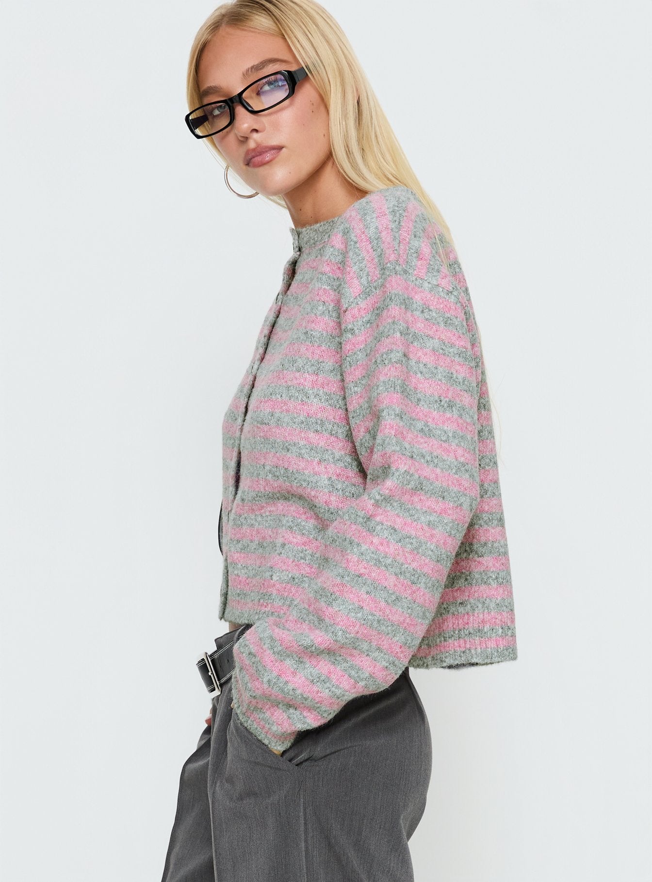 Raynna Button Up Cardigan Pink / Grey Stripe - Image 4