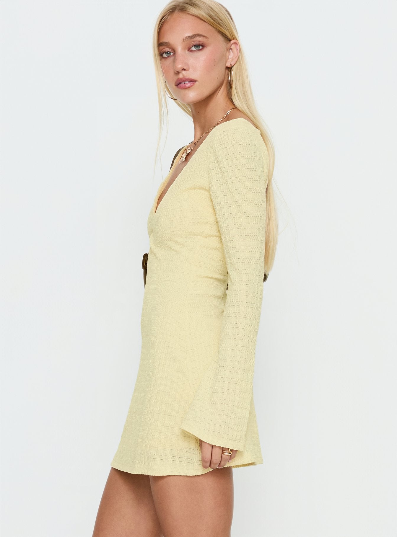 Milley Long Sleeve Textured Mini Dress Lemon - Image 3