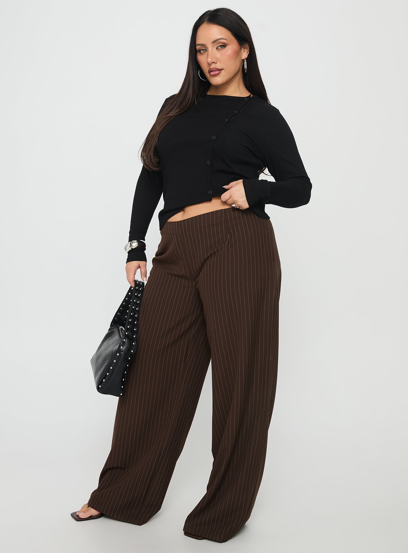Khane Low Rise Wide Leg Pant Brown Pinstripe Curve - Image 4