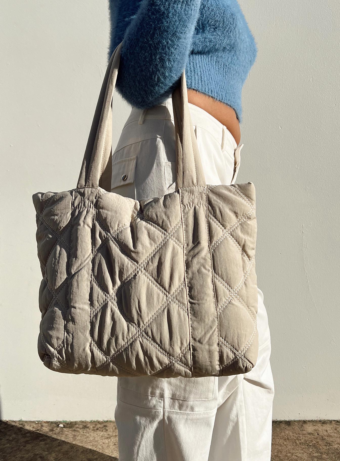 Jovie Nylon Quilted Tote Beige - Image 7
