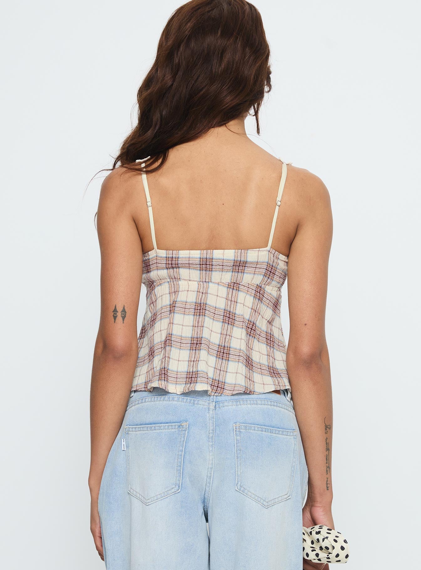 Pretty It Up Tie Detail Top Beige Check - Image 5
