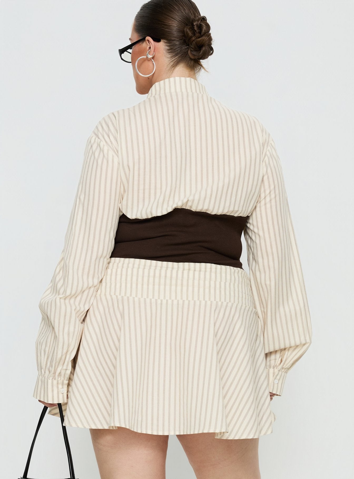 Belva Long Sleeve Corset Shirt Mini Dress Brown Stripe Curve - Image 5