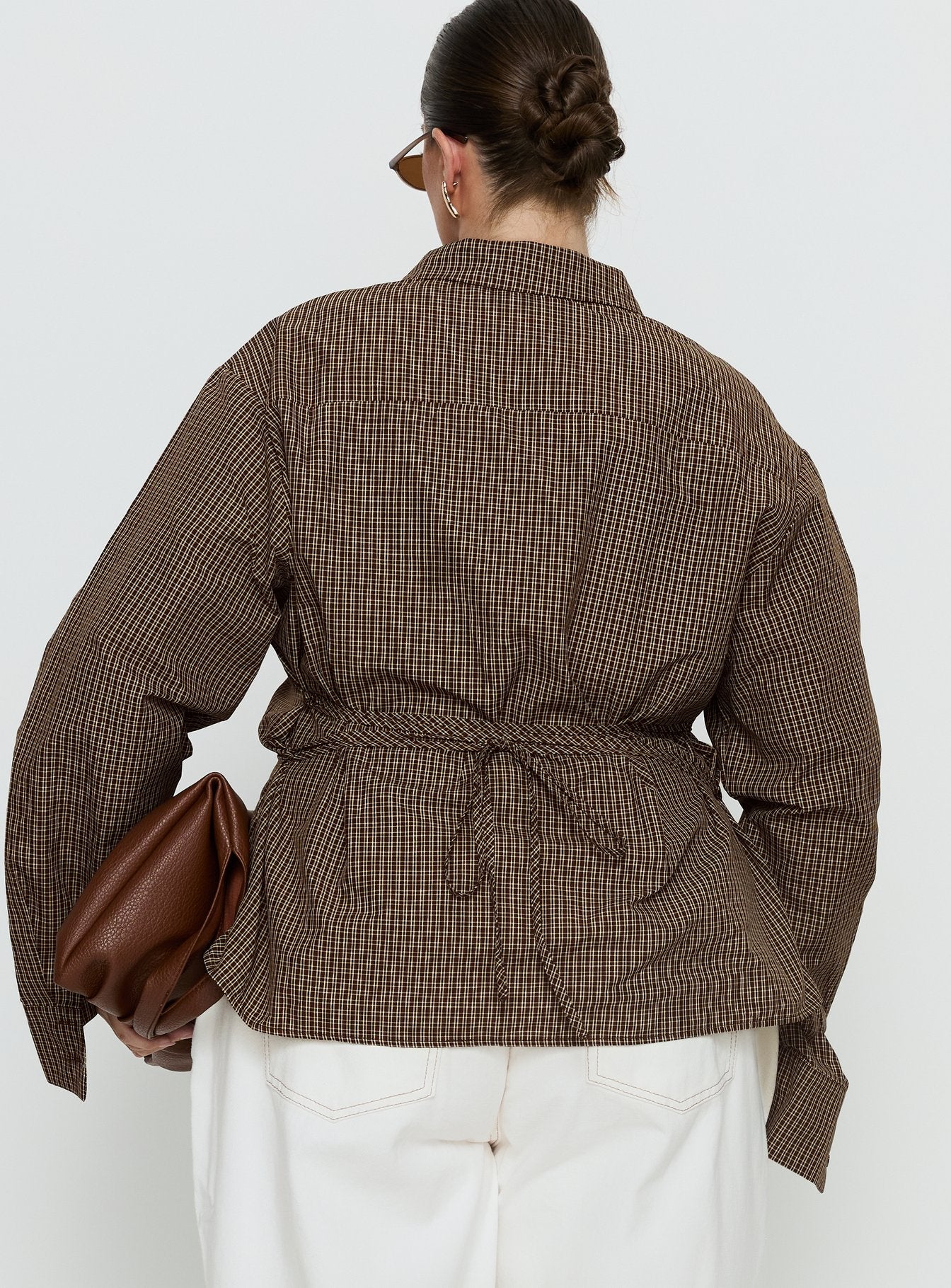 Xinia Tie Waist Long Sleeve Shirt Brown Check Curve - Image 4