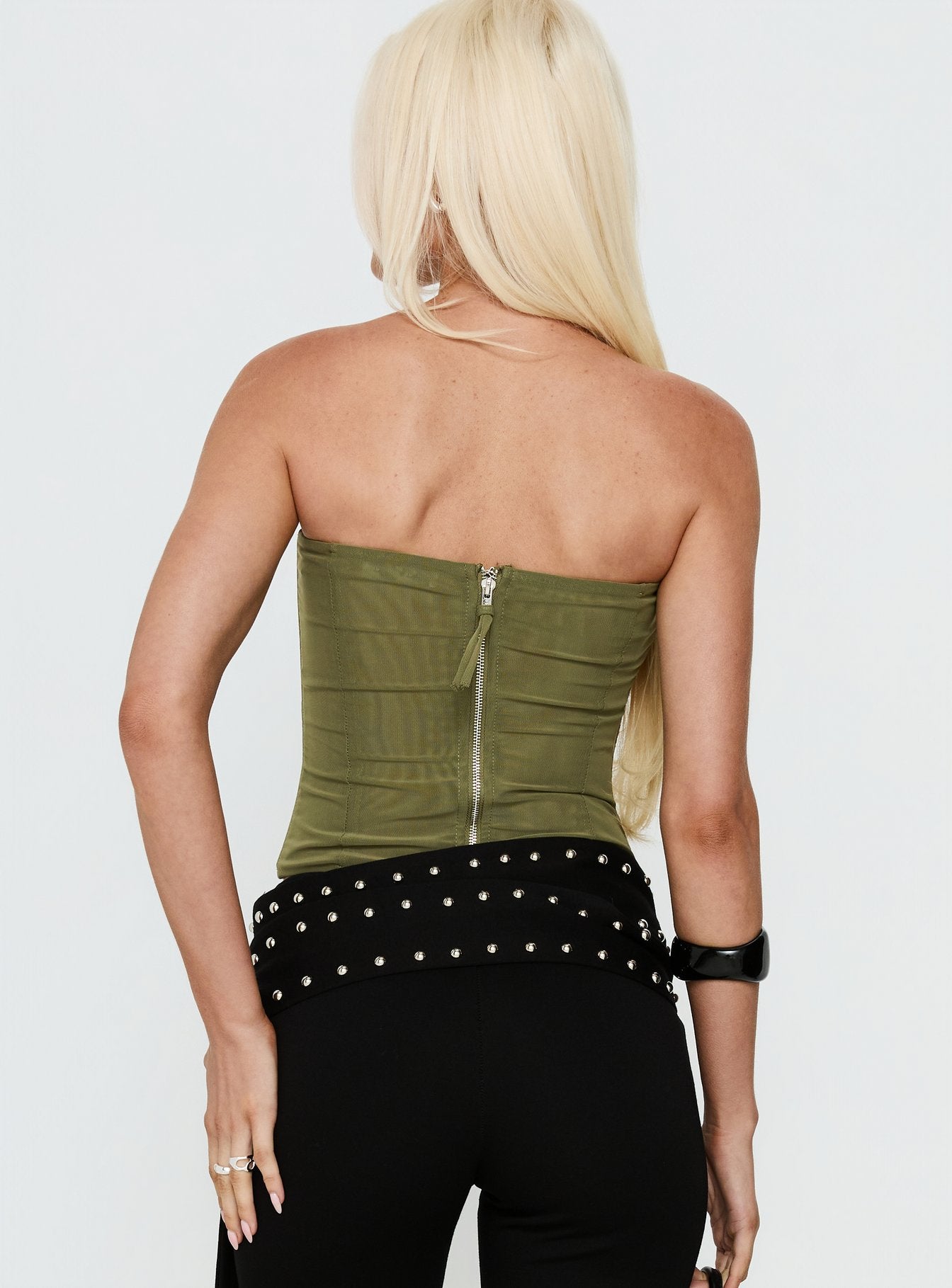 Oscuro Longline Mesh Corset Top Khaki - Image 5