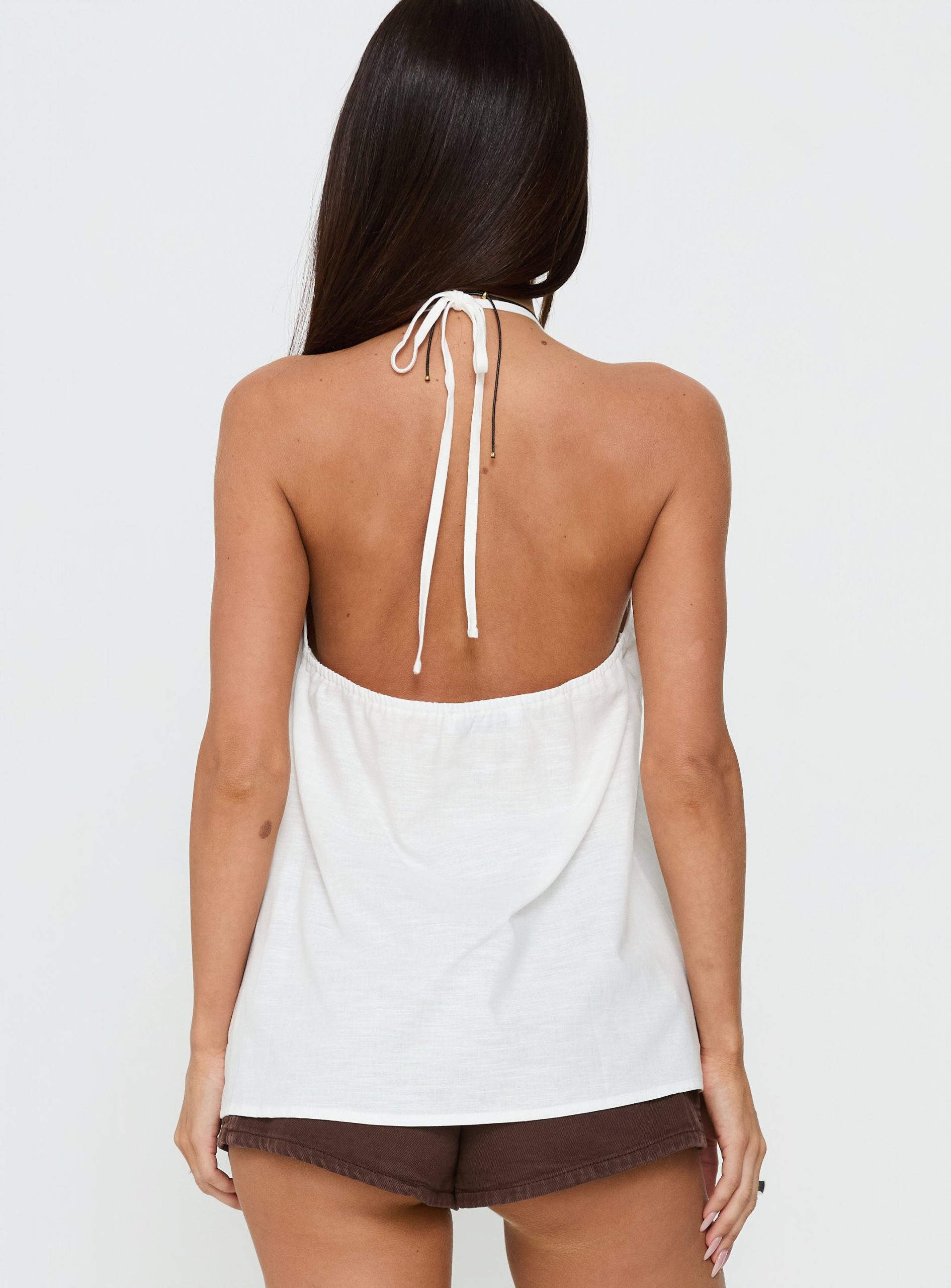 Kitra Flowy Bead Detail Tie Neck Top White - Image 5