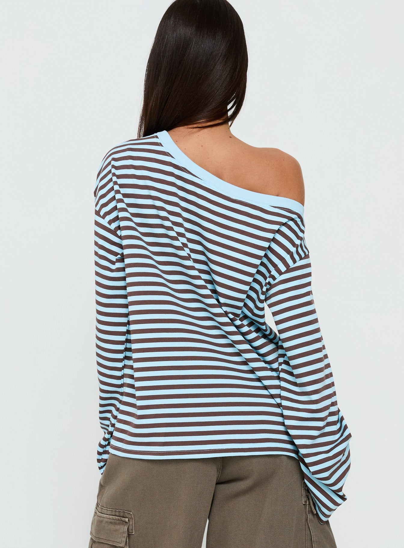 Settle Down One Shoulder Long Sleeve Top Chocolate / Blue Stripe - Image 5