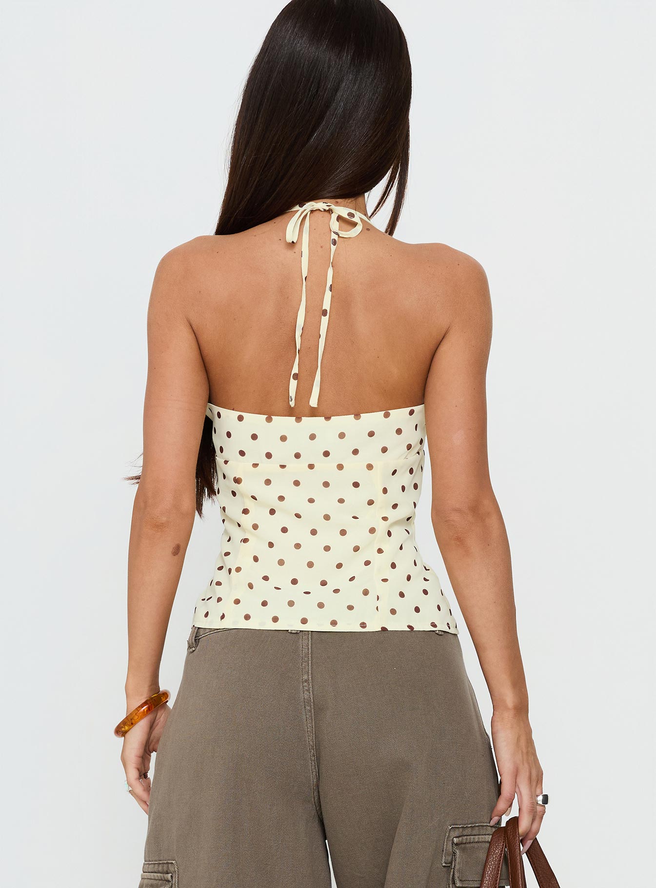 Bon Bon Tie Neck Top Yellow / Brown Polka - Image 4