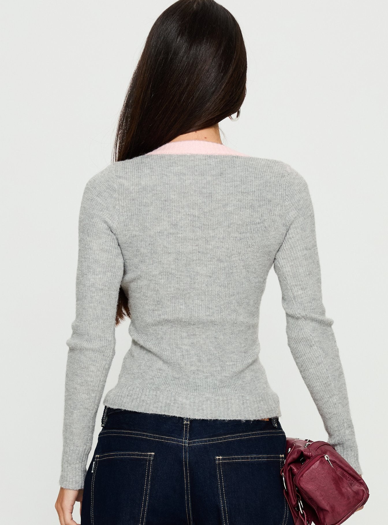 Vanita V Neck Long Sleeve Top Grey / Pink - Image 4