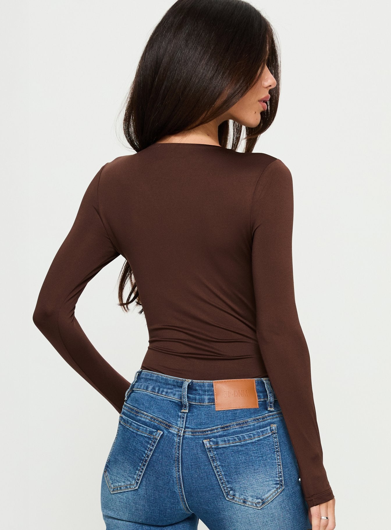 Vennie Twist Front Long Sleeve Bodysuit Brown - Image 4