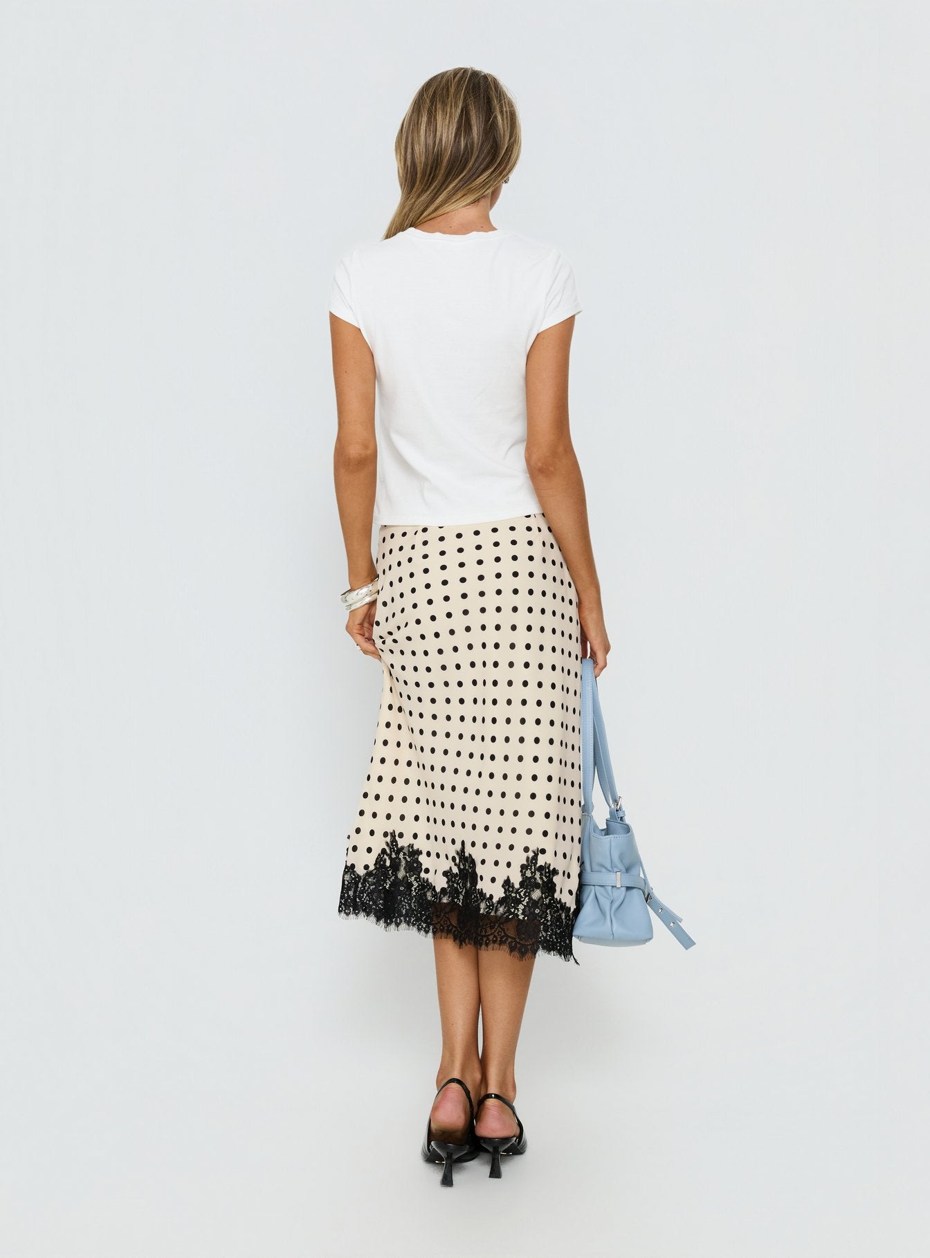 Downtown Scene Lace Trim Maxi Skirt Cream Polka - Image 5