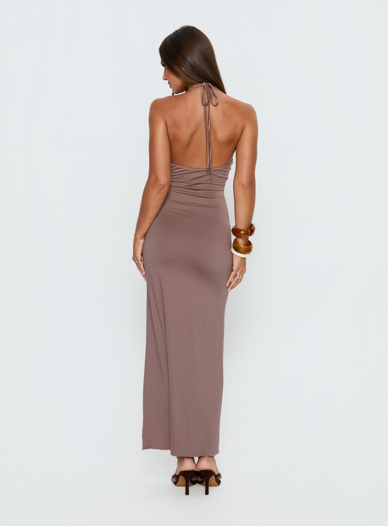 Naysana Halter Ruched Maxi Dress Mocha - Image 4