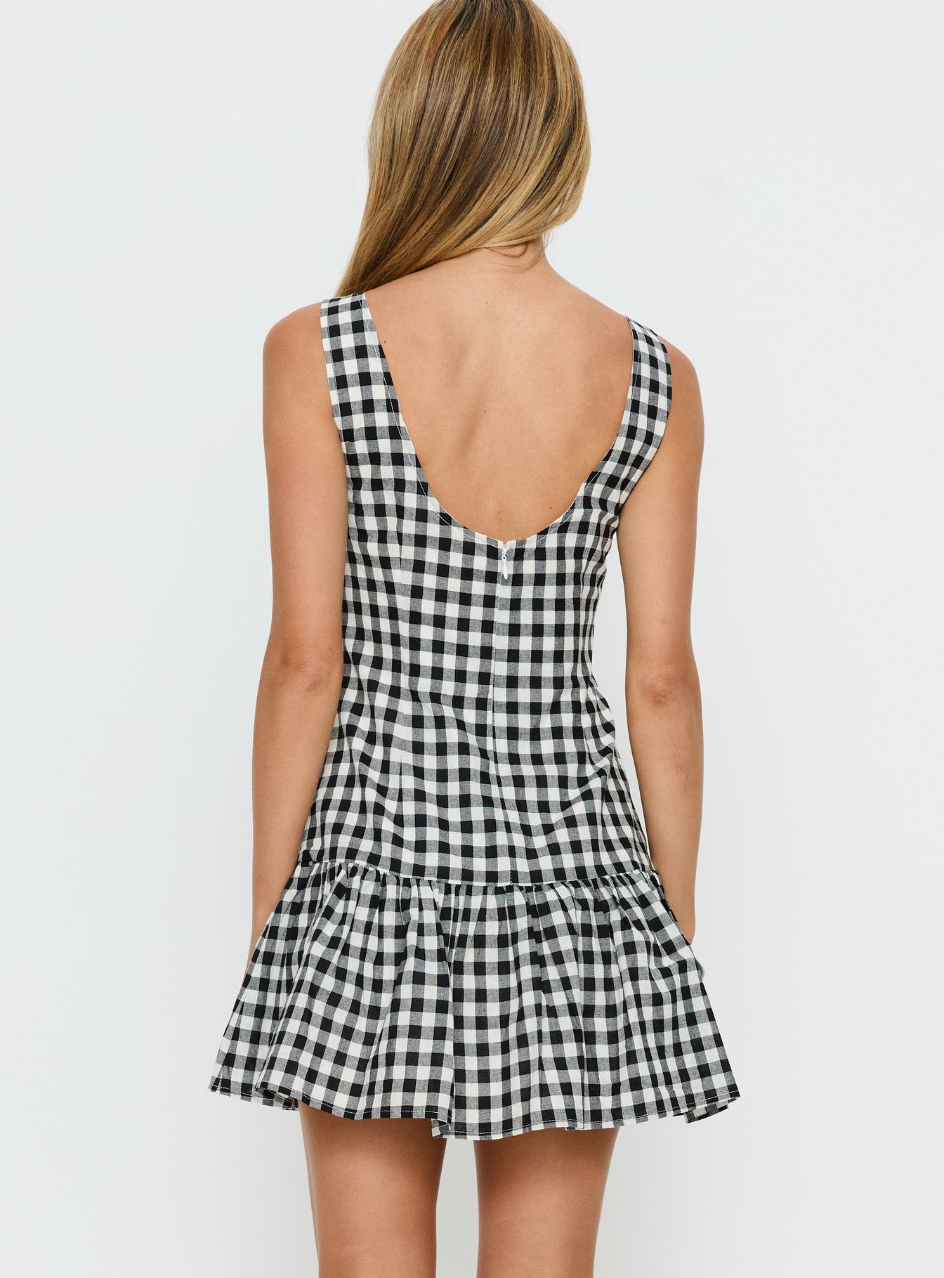 Kolbie Boat Neck Frill Mini Dress Black / White Check - Image 3