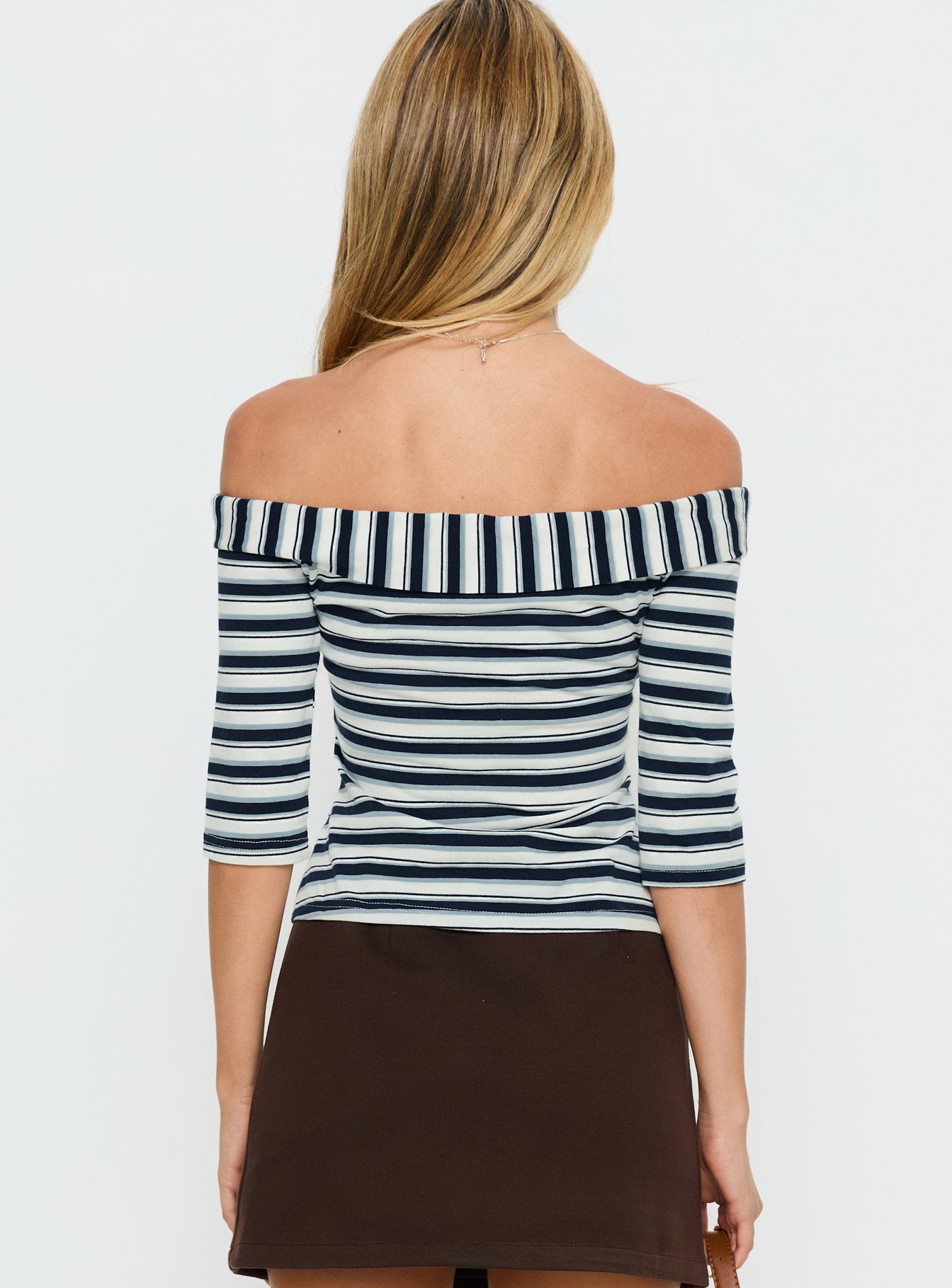 Shaylla Off Shoulder 3/4 Sleeve Top Blue Stripe - Image 4