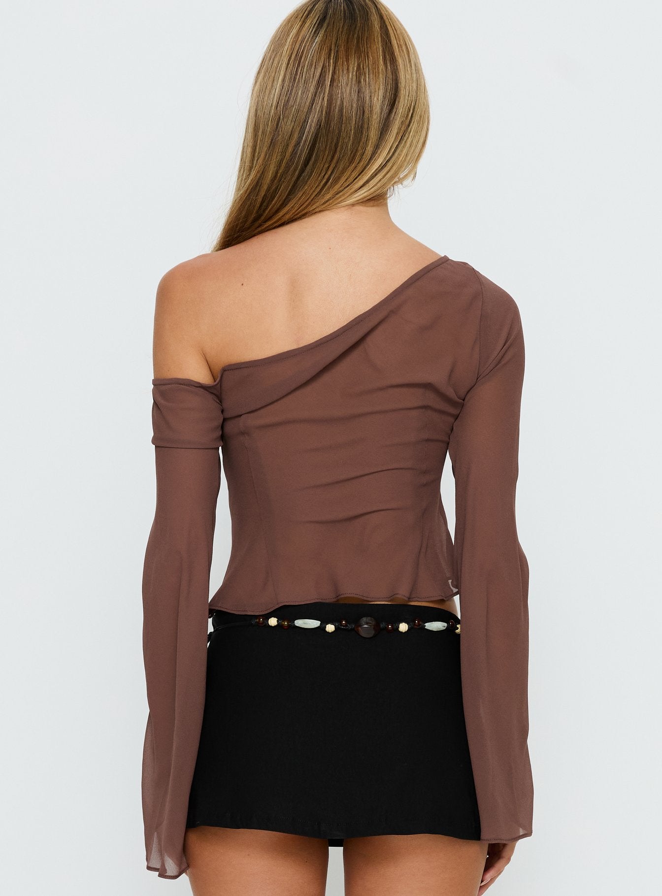 Nivara Chiffon One Shoulder Long Sleeve Top Mocha - Image 5