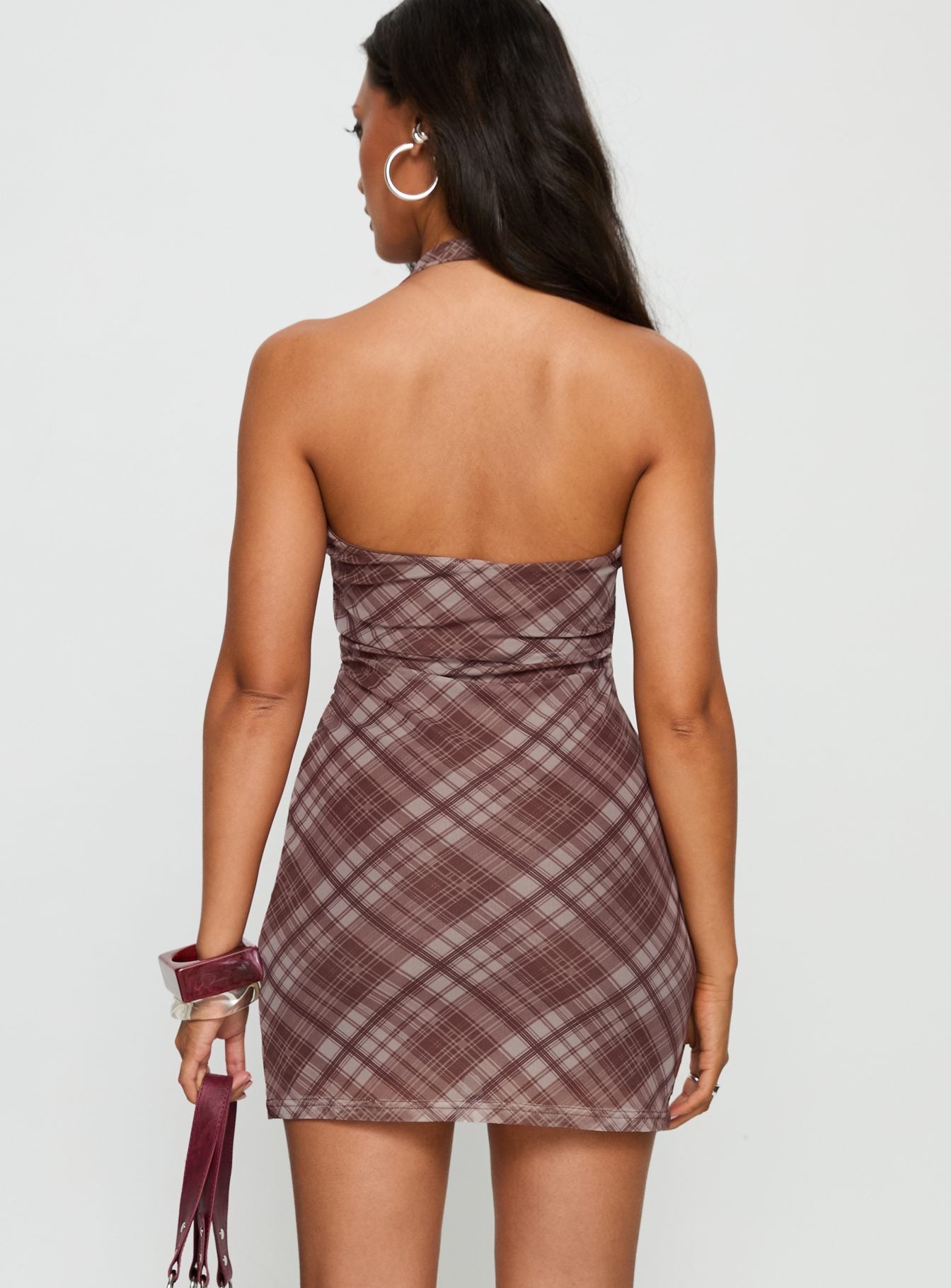 Kastles Halter Cut Out Mini Dress Brown Check - Image 4
