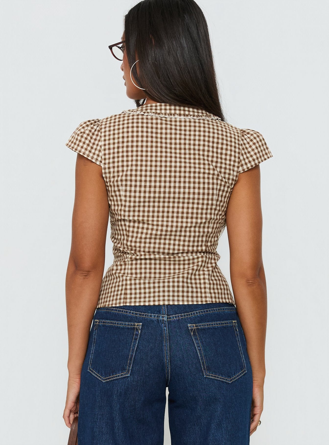 Bradlie Frill Detail Short Sleeve Blouse Top Chocolate Gingham - Image 5