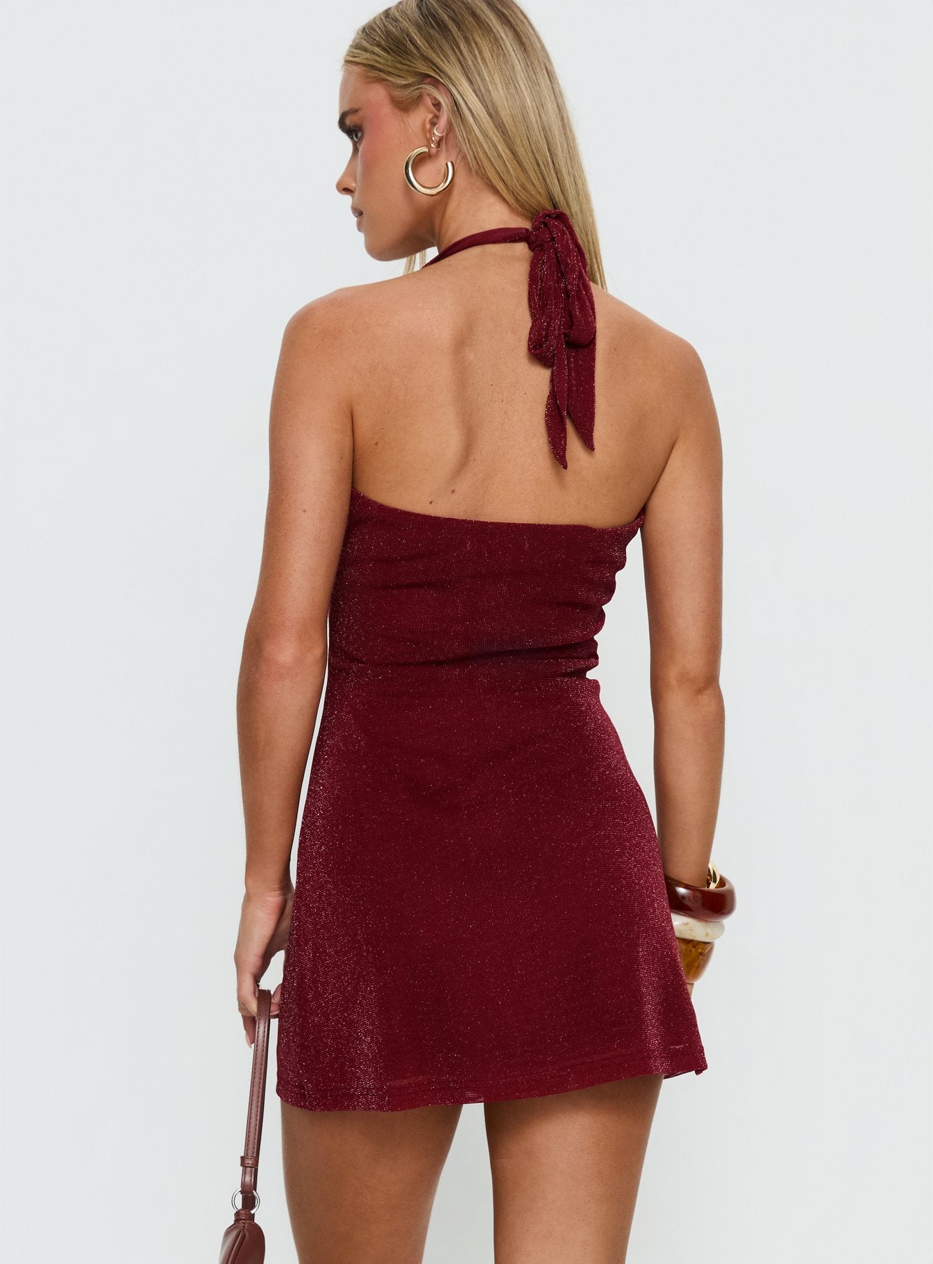Amiro Halter Plunge Mini Dress Burgundy Shimmer - Image 4