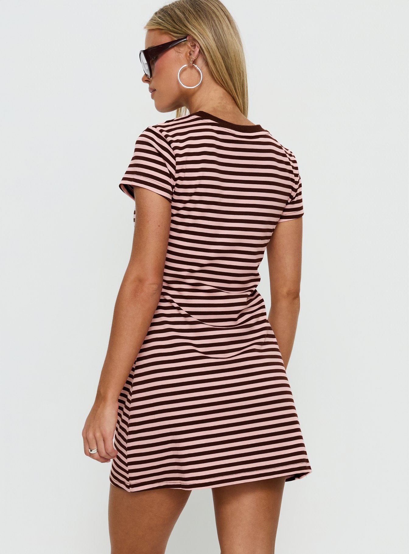 Settle Down Short Sleeve Mini Dress Pink / Brown Stripe - Image 5