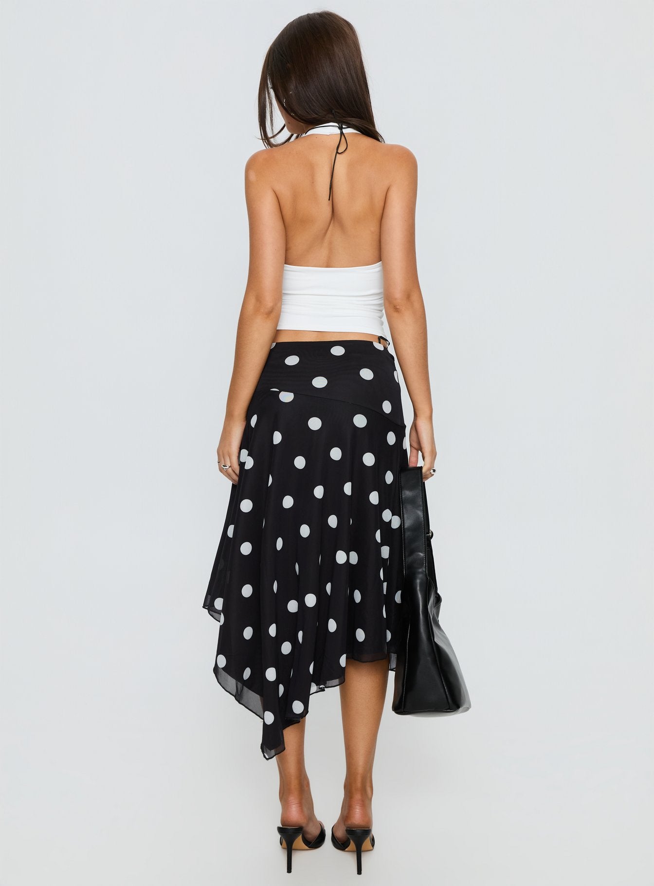 Dulciana High Split Asymmetrical Midi Skirt Black / Polka Dot - Image 5