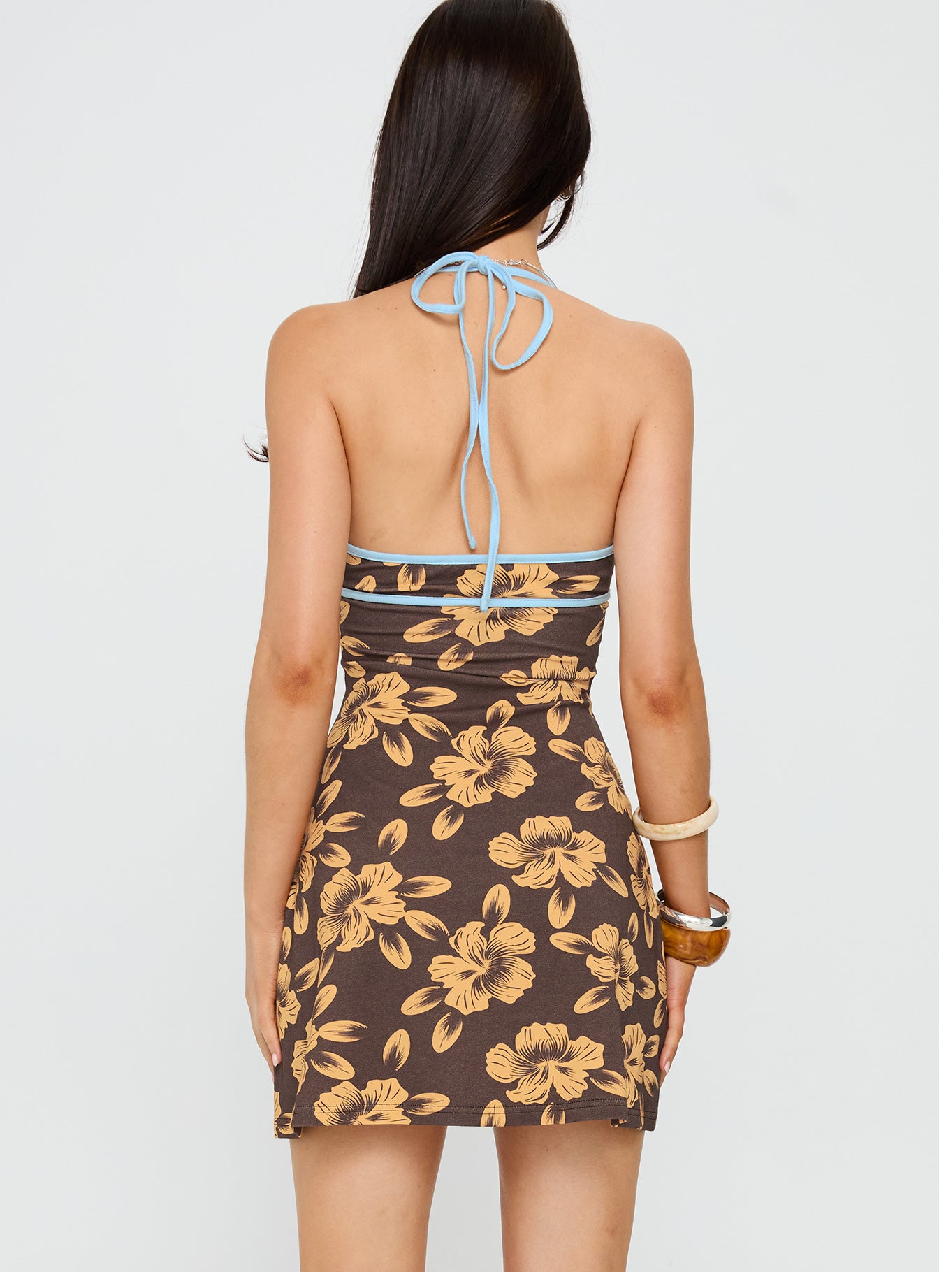 Mishie Halter Mini Dress Brown / Blue Floral - Image 5