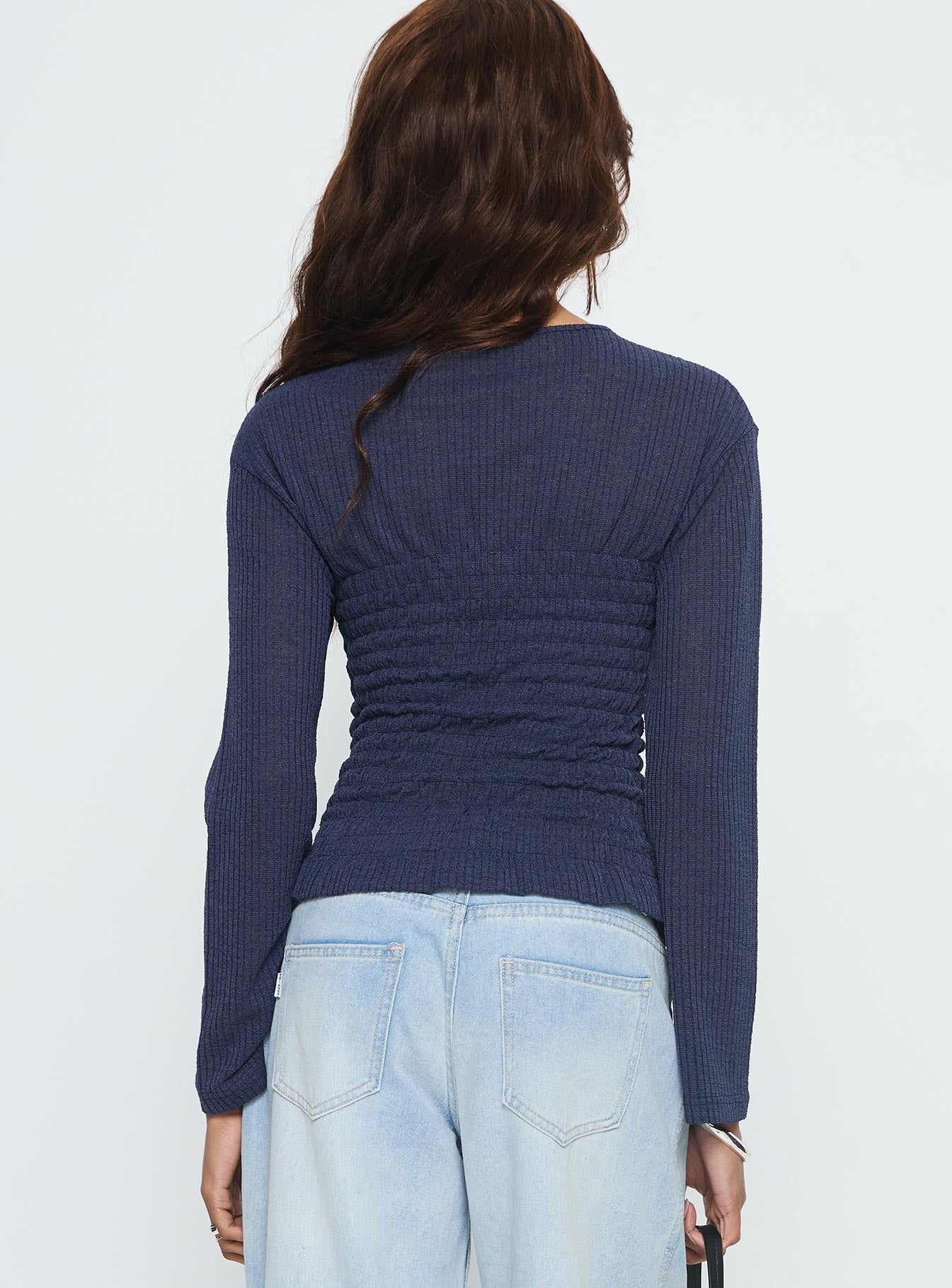 Bradly Shirred Long Sleeve Top Navy - Image 5