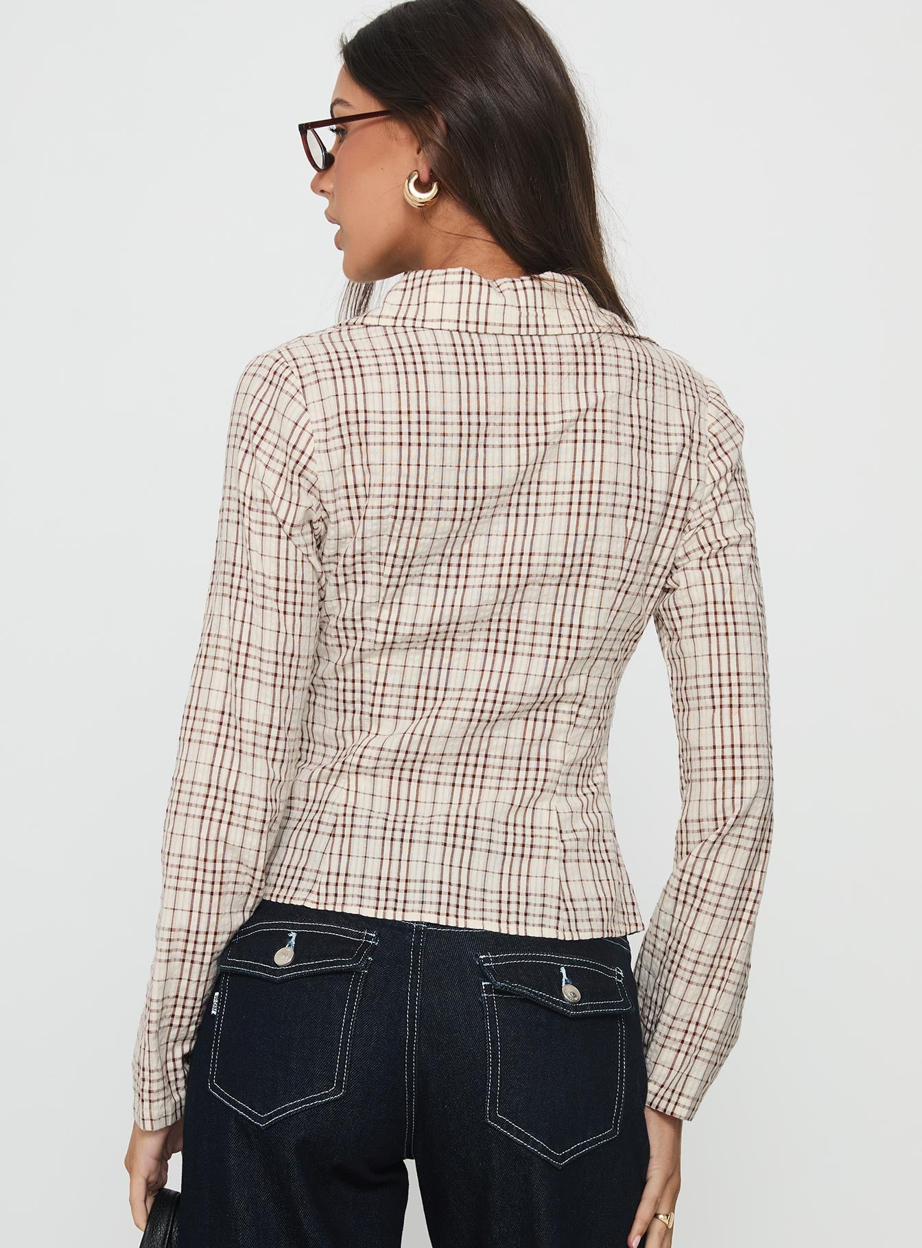 Cottesloe Long Sleeve Blouse Top Brown Check - Image 5