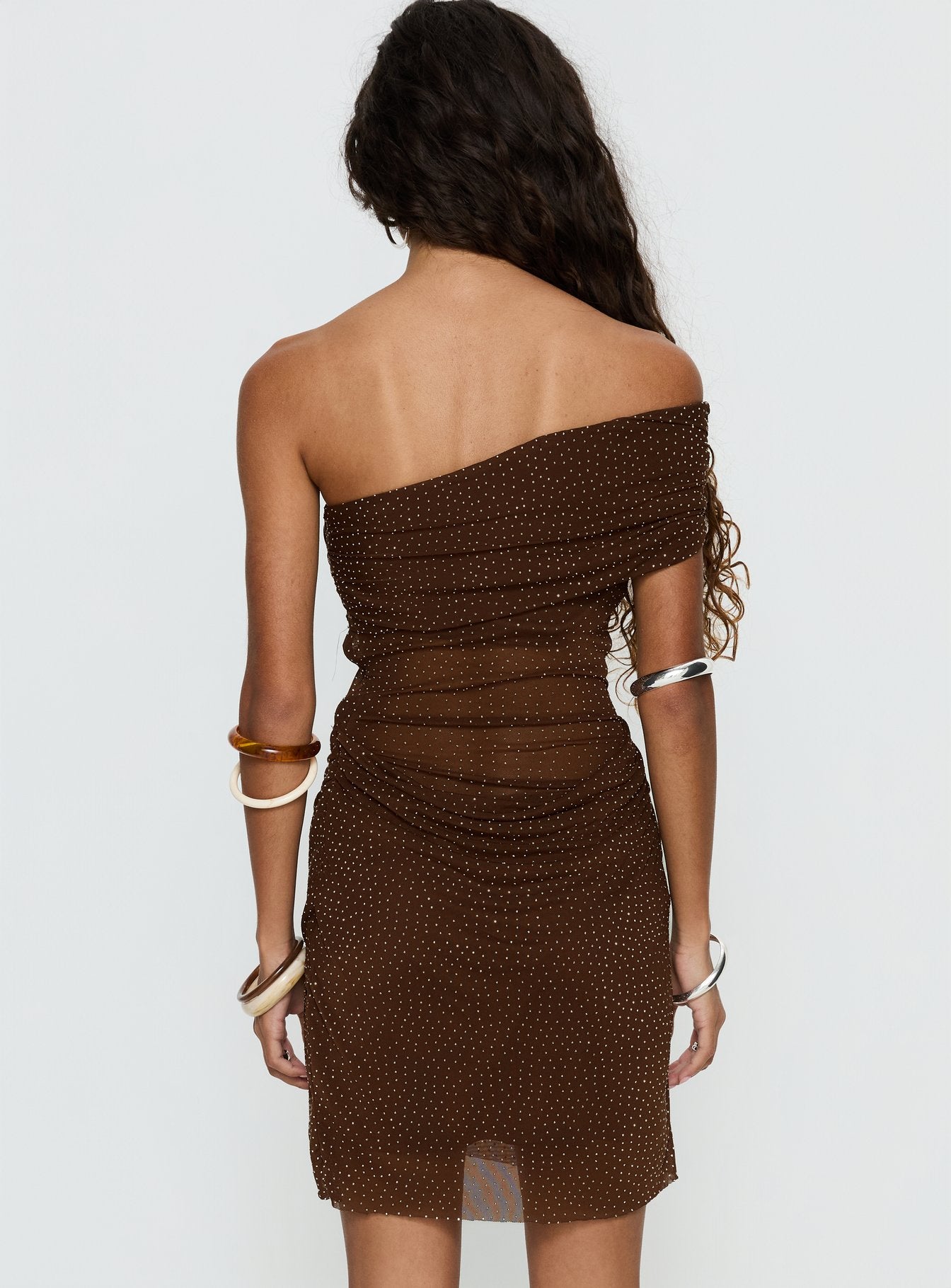 Adriessa One Shoulder Sheer Mini Dress Dark Brown Shimmer - Image 5