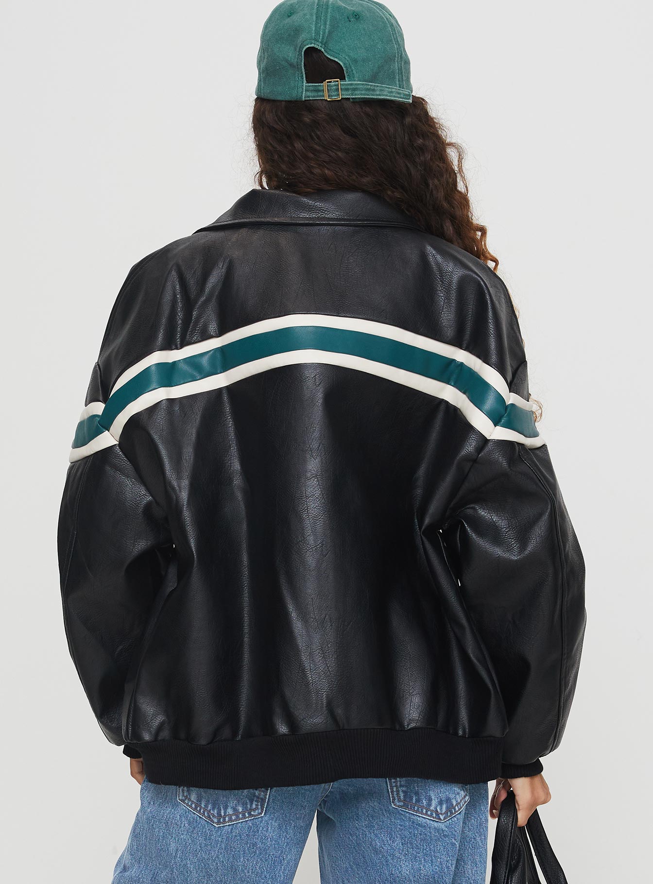 Goldsmith Faux Leather Bomber Jacket Black / Green - Image 5