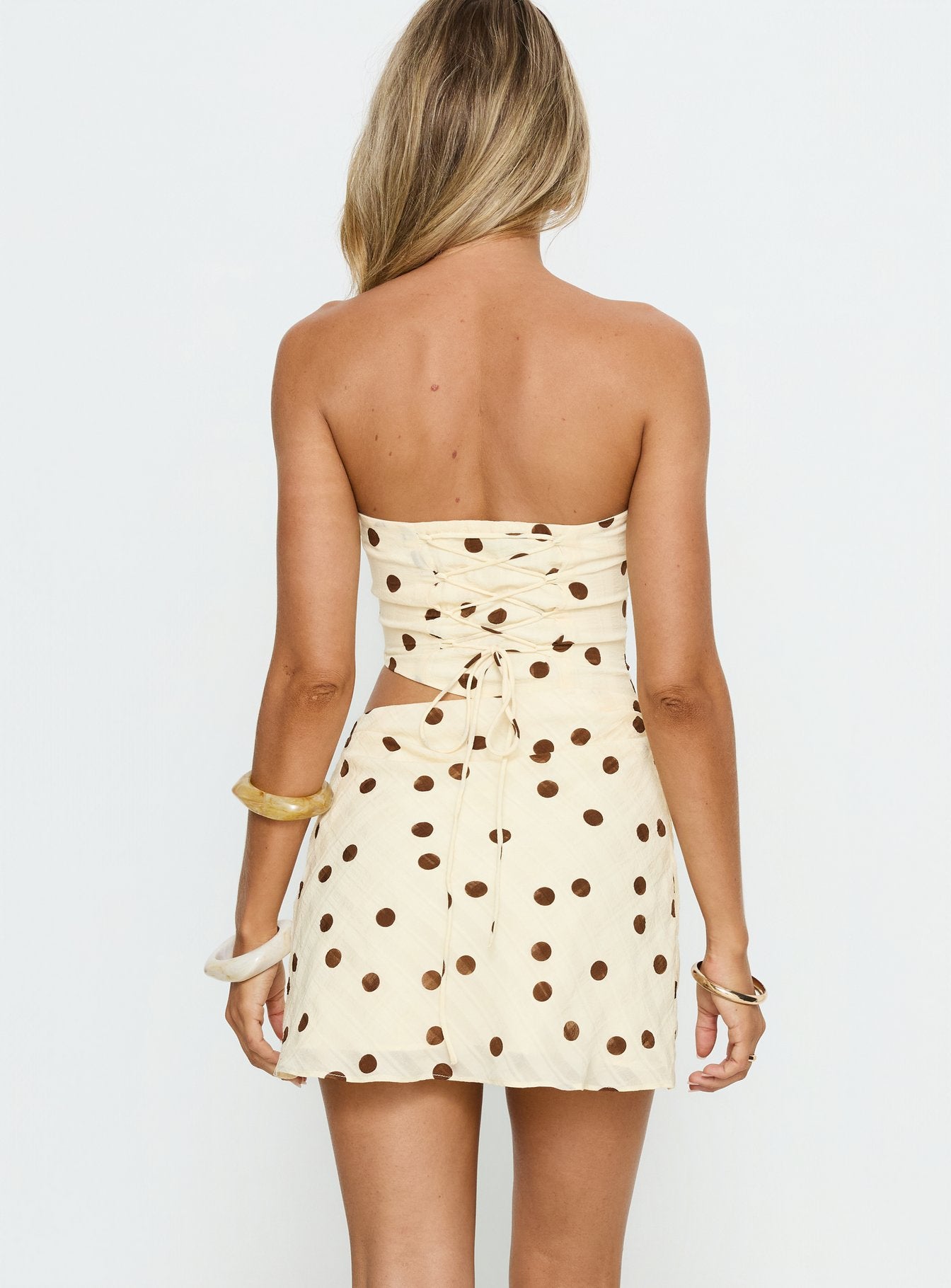 Jasira Strapless Drape Mini Dress Cream / Brown Polka Dot - Image 5