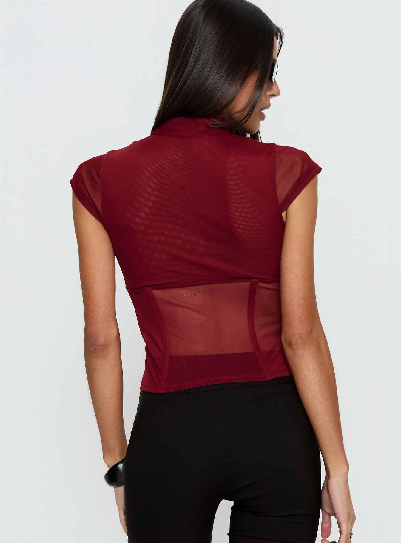 Anistasia Mesh Keyhole Corset Top Burgundy - Image 5
