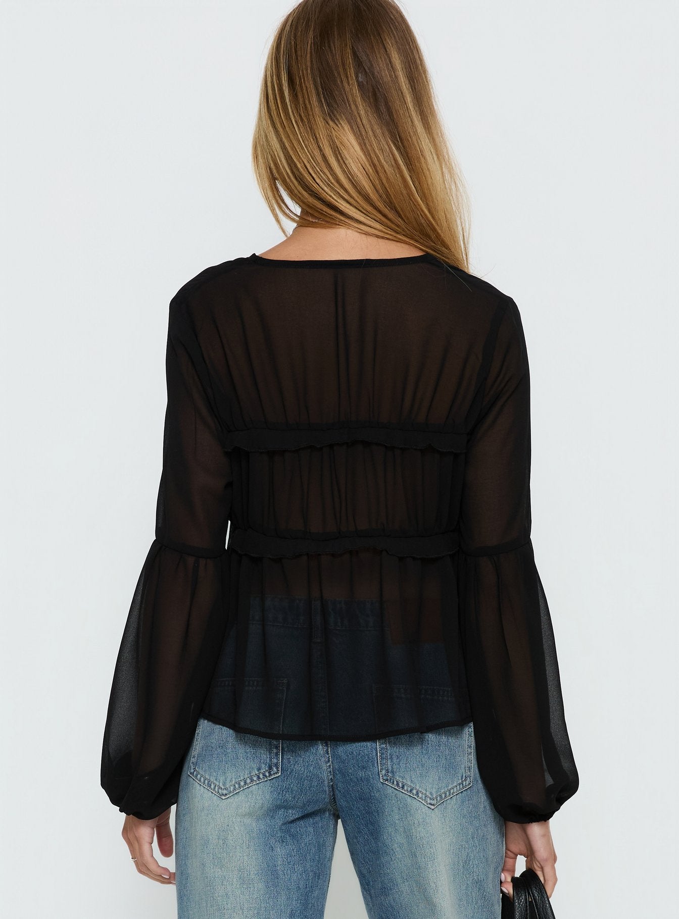 Palapa Tie Detail Sheer Long Sleeve Top Black - Image 4