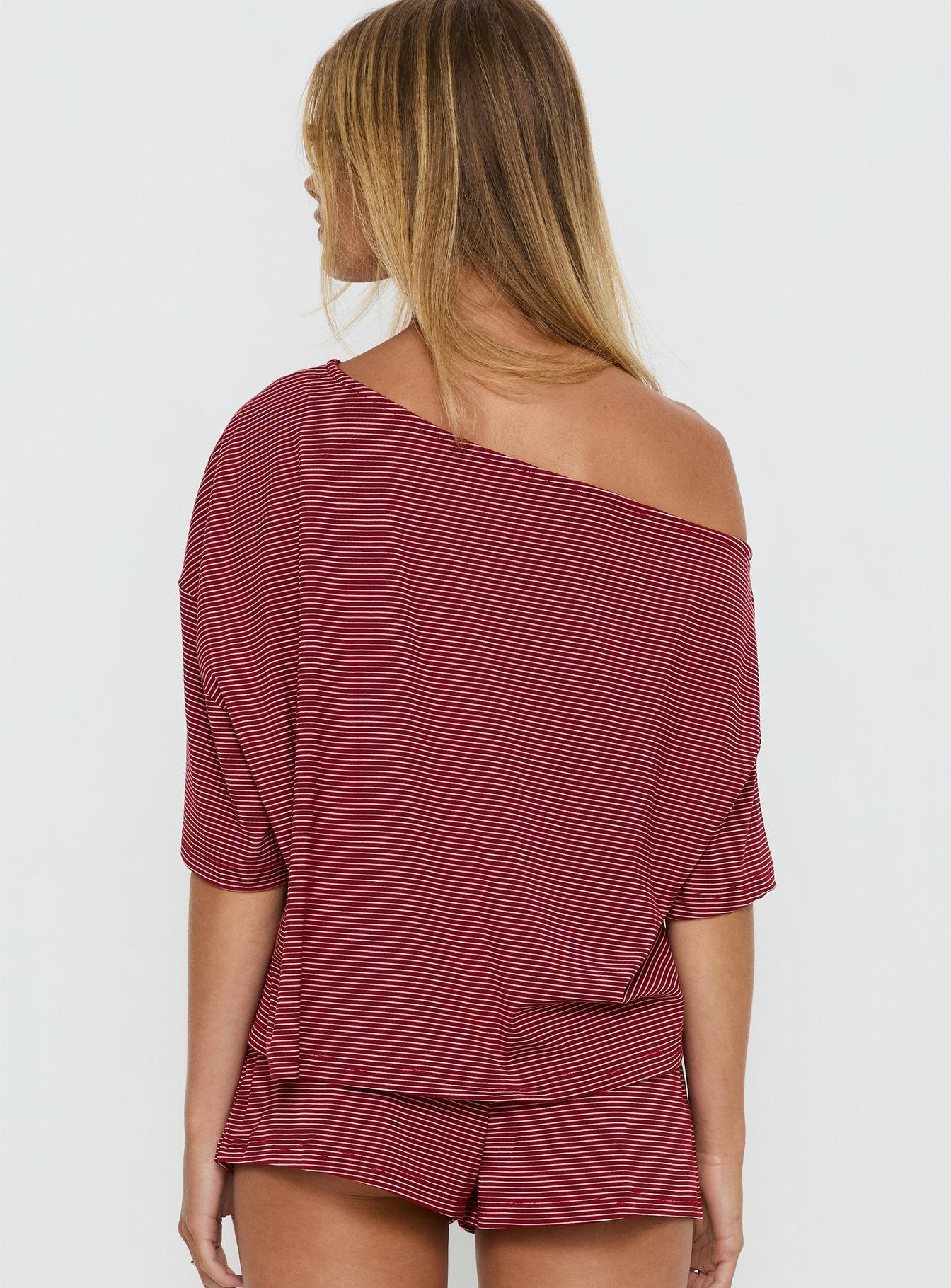 Sugar Surge Off Shoulder Sleep Top Cherry Stripe - Image 5