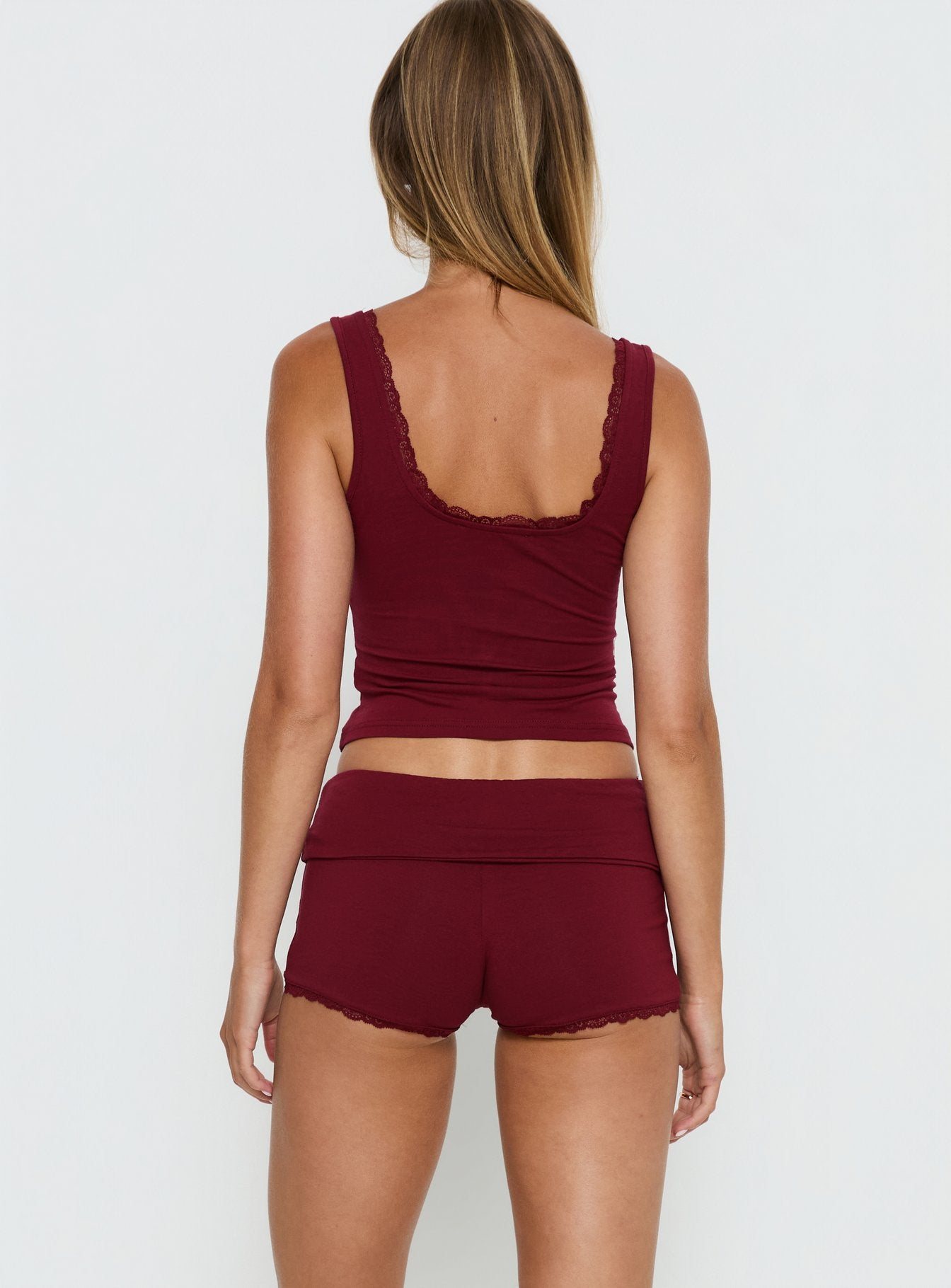 Serae Lace Trim Foldover Micro Shorts Cherry - Image 5