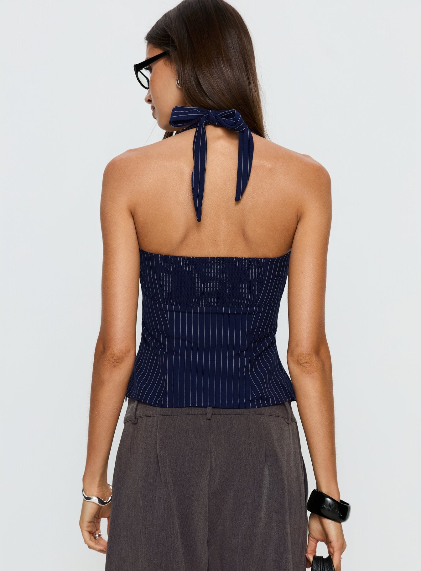 Isabetta Halter Top Navy Pinstripe - Image 4