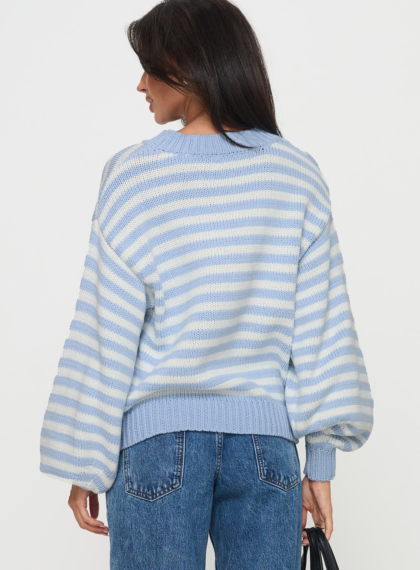 Harmony Balloon Sleeve Knit Sweater Blue / White Stripe - Image 5
