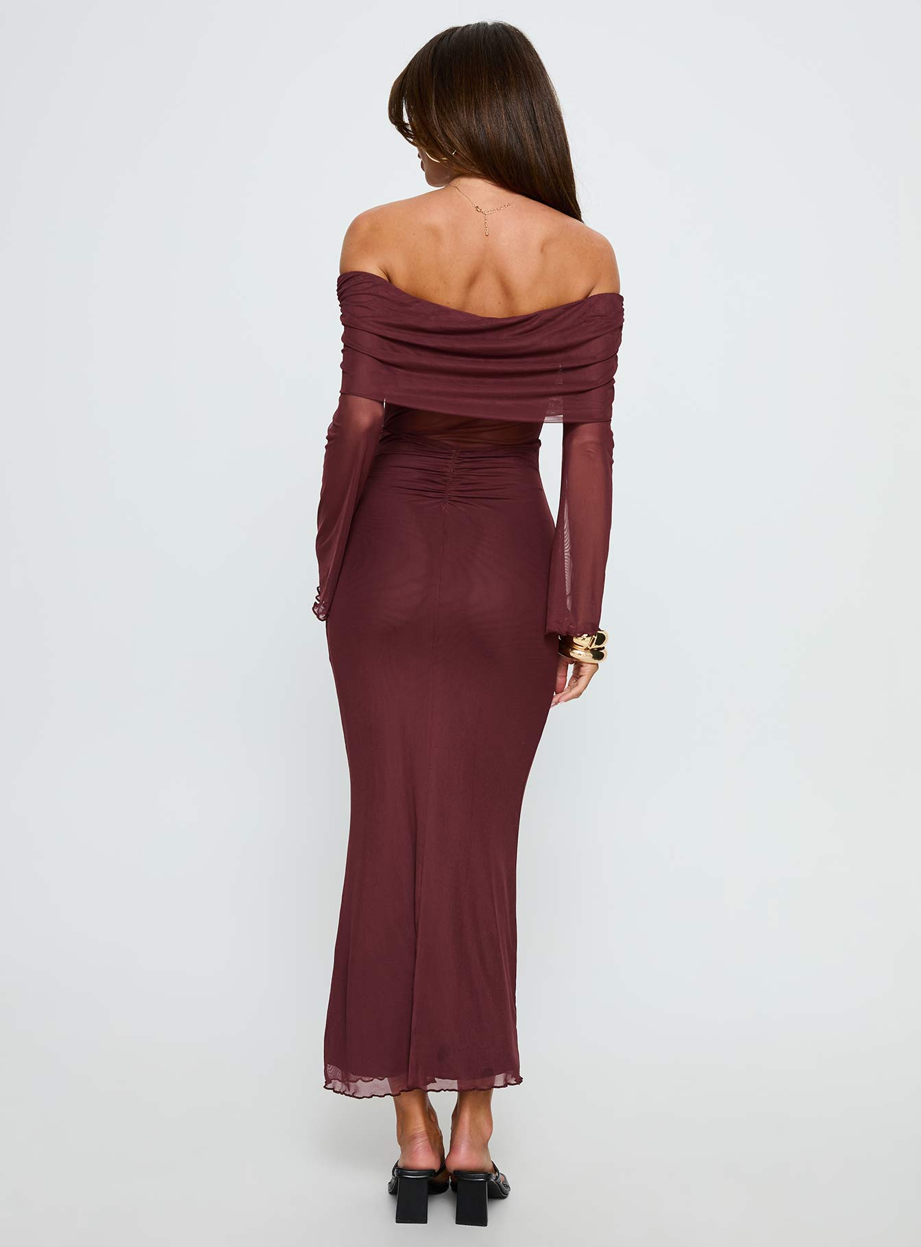 Velouria Off Shoulder Long Sleeve Maxi Dress Brown - Image 5