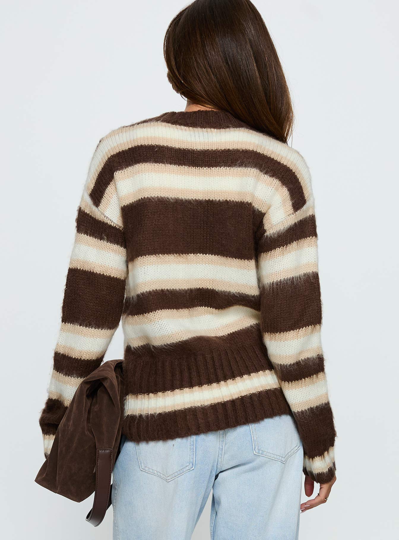 Cultivated Fluffy Knit Cardigan Brown Stripe - Image 5