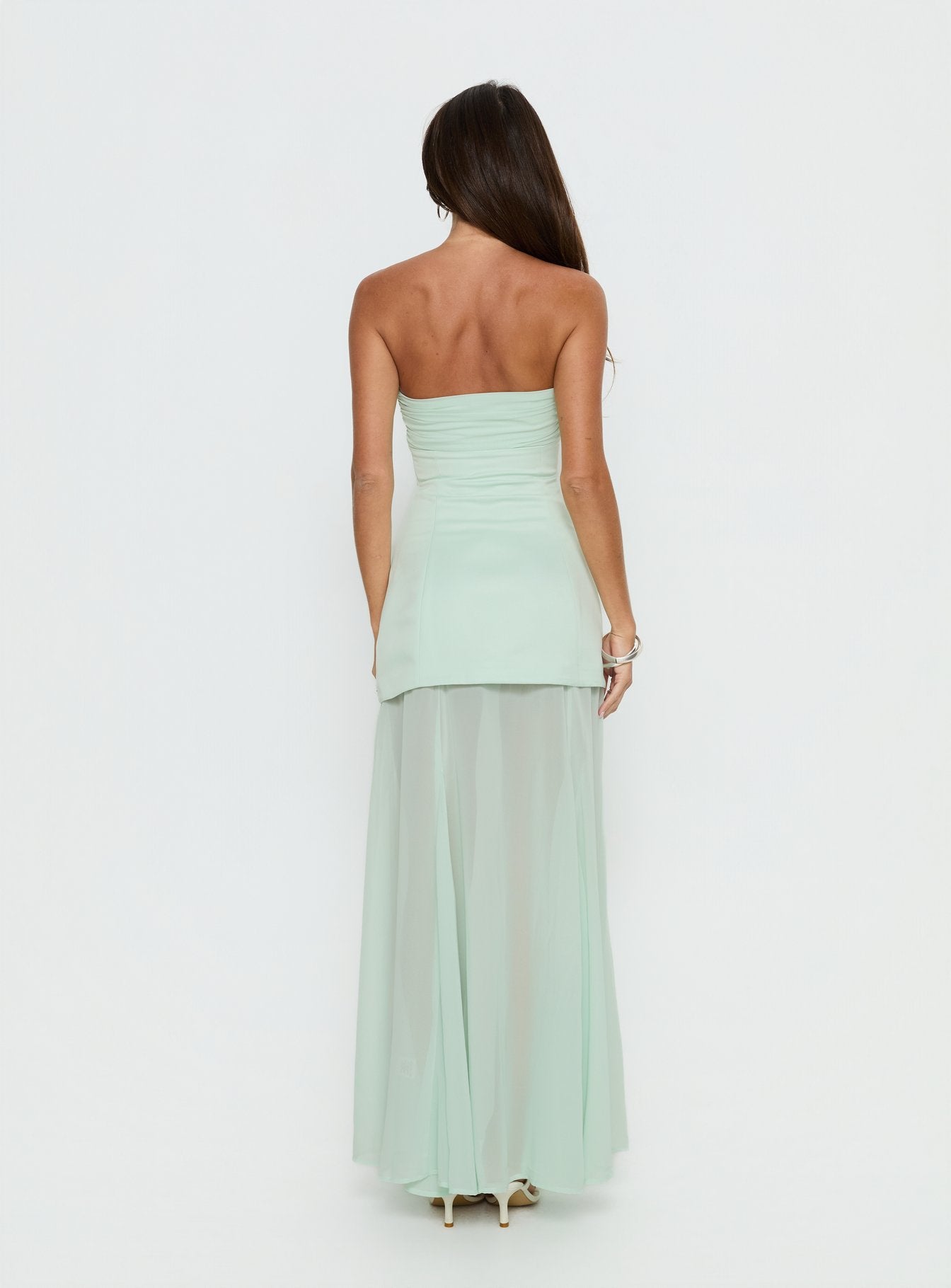 Flashy Sheer Chiffon Strapless Maxi Dress Green - Image 5