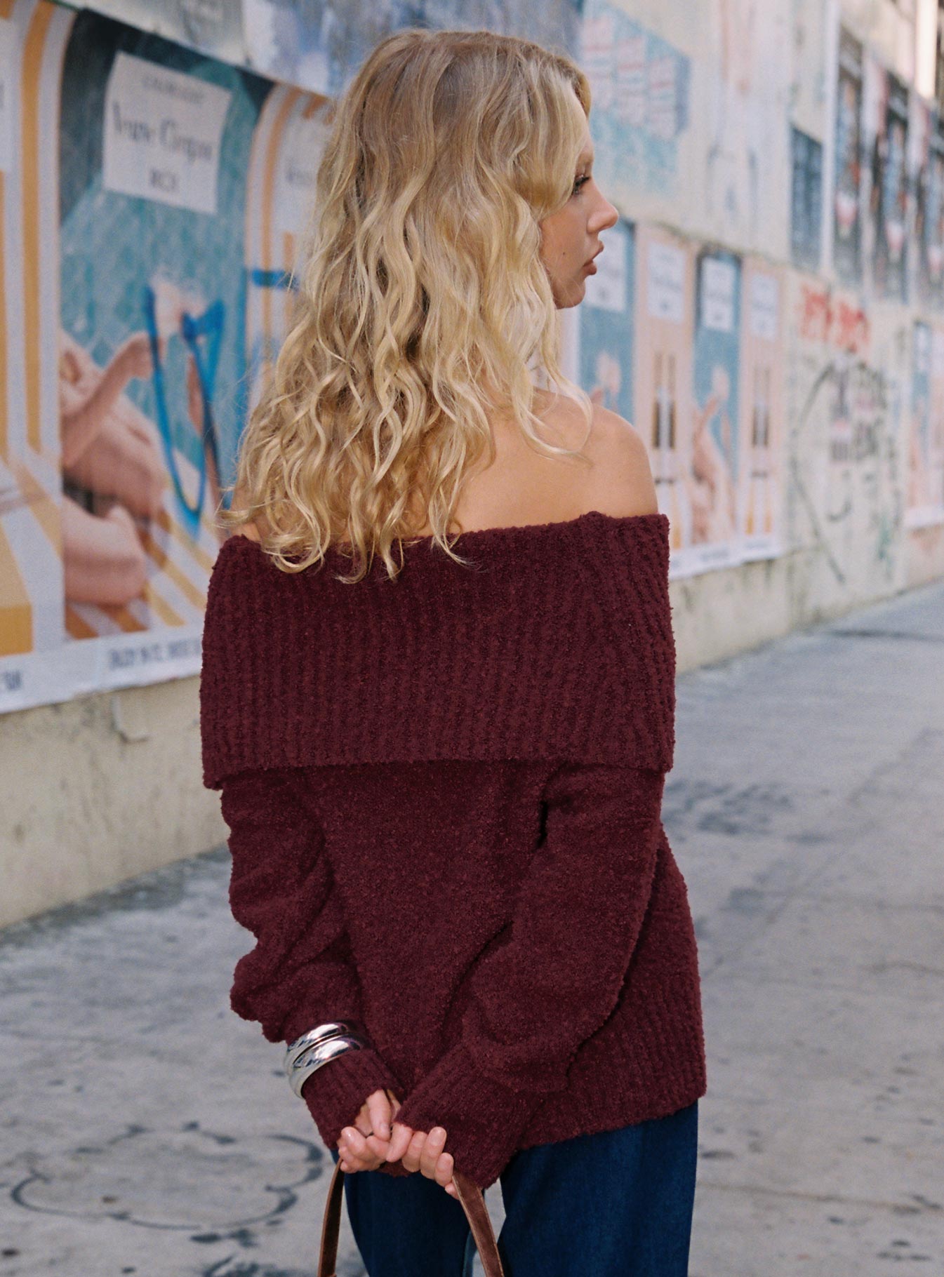 Parkley Boucle Off The Shoulder Sweater Burgundy - Image 5