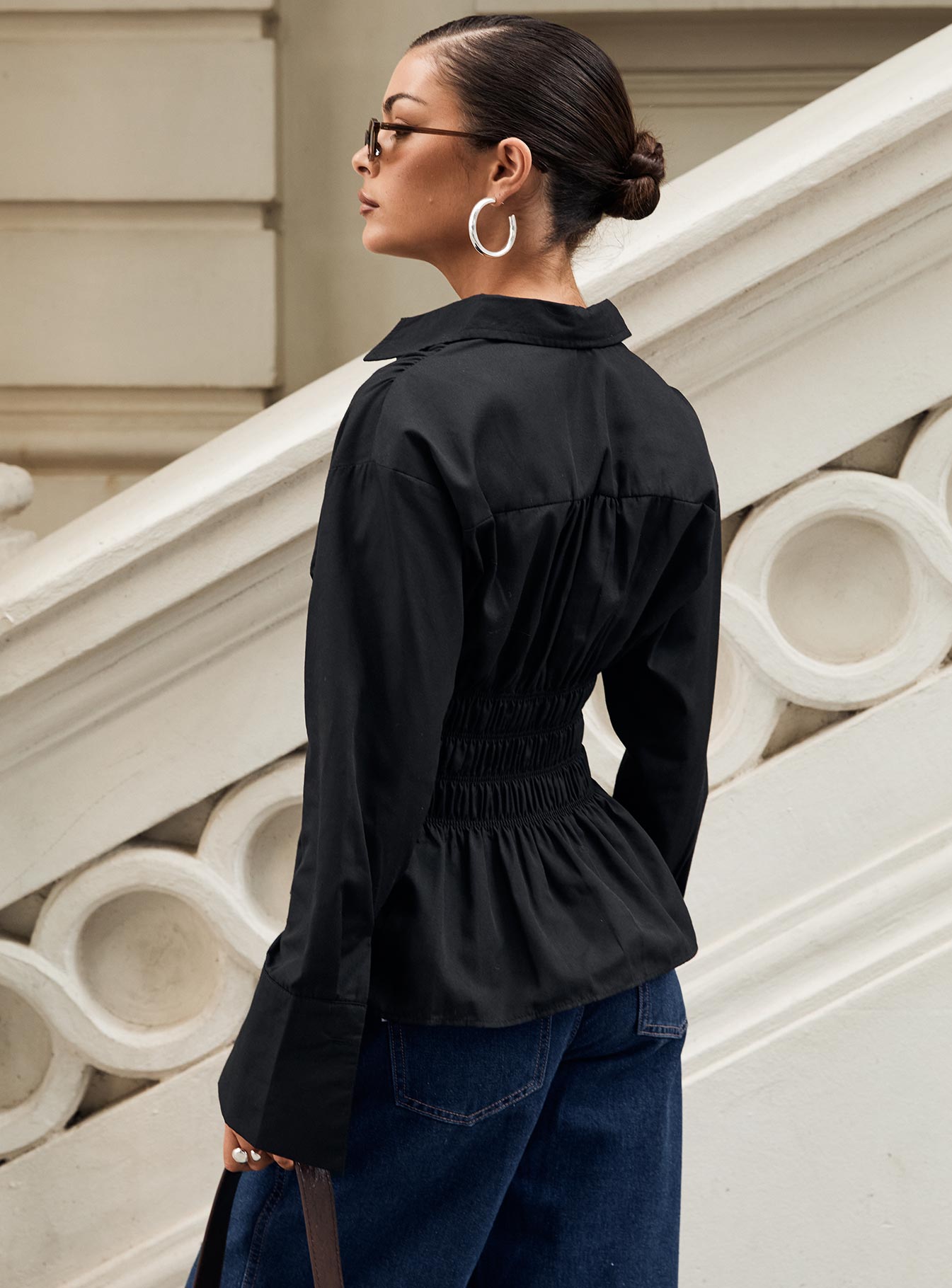 As You Are Shirred Button Up Top Black - Image 5