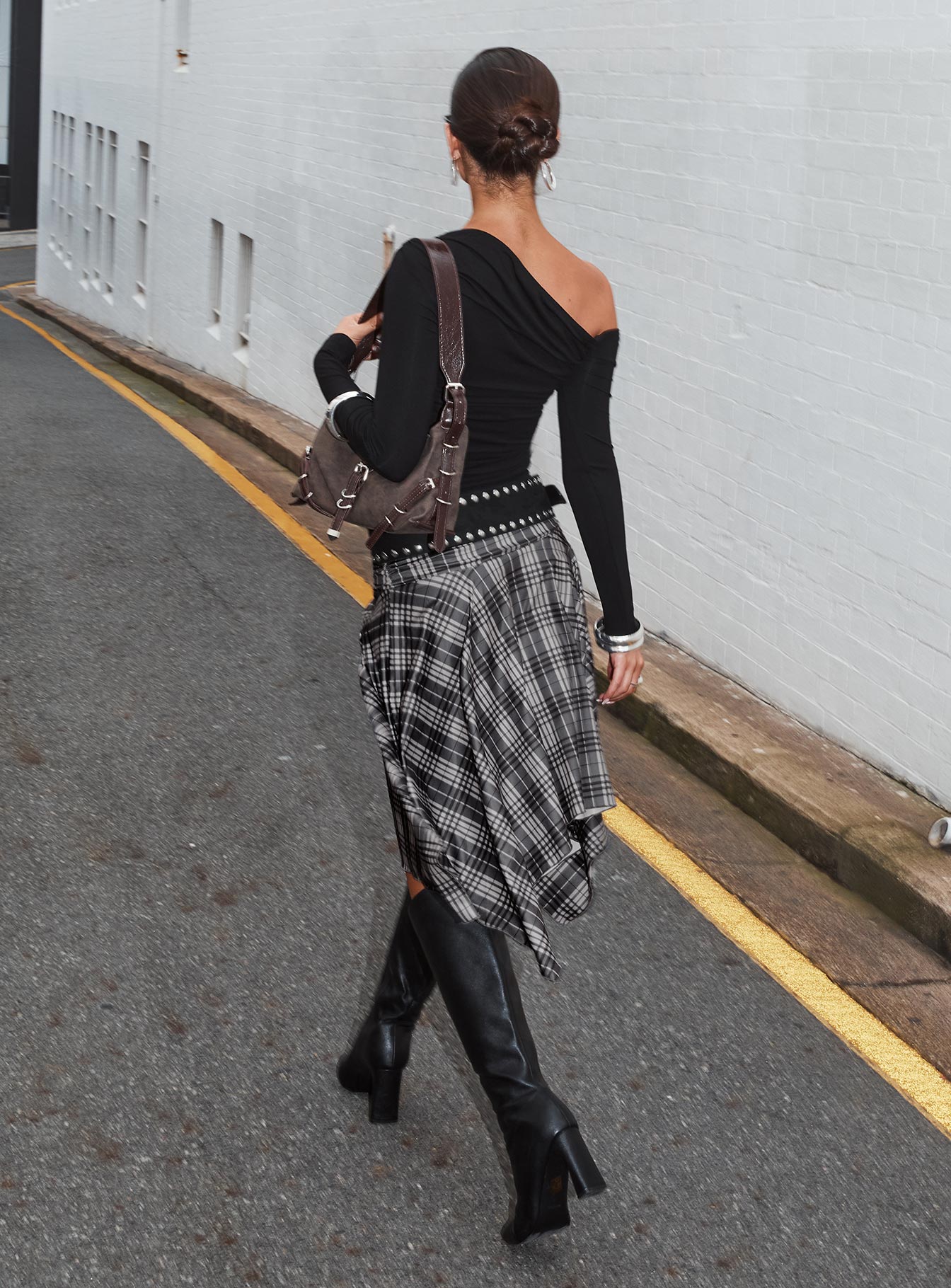Scholar Asymmetrical Midi Skirt Grey Check - Image 4