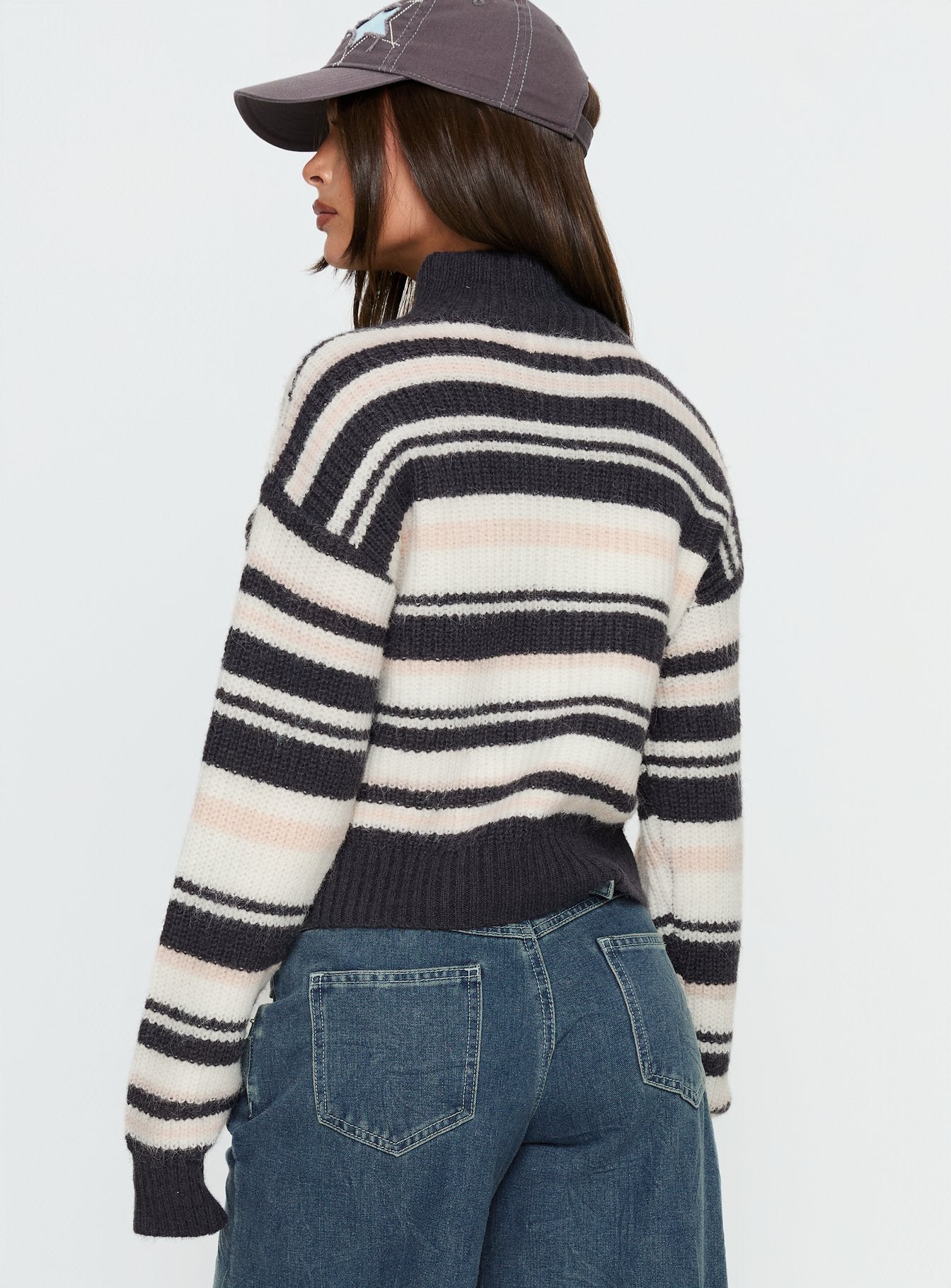 Tetra Zip Through Knit Sweater Pink Stripe - Image 4