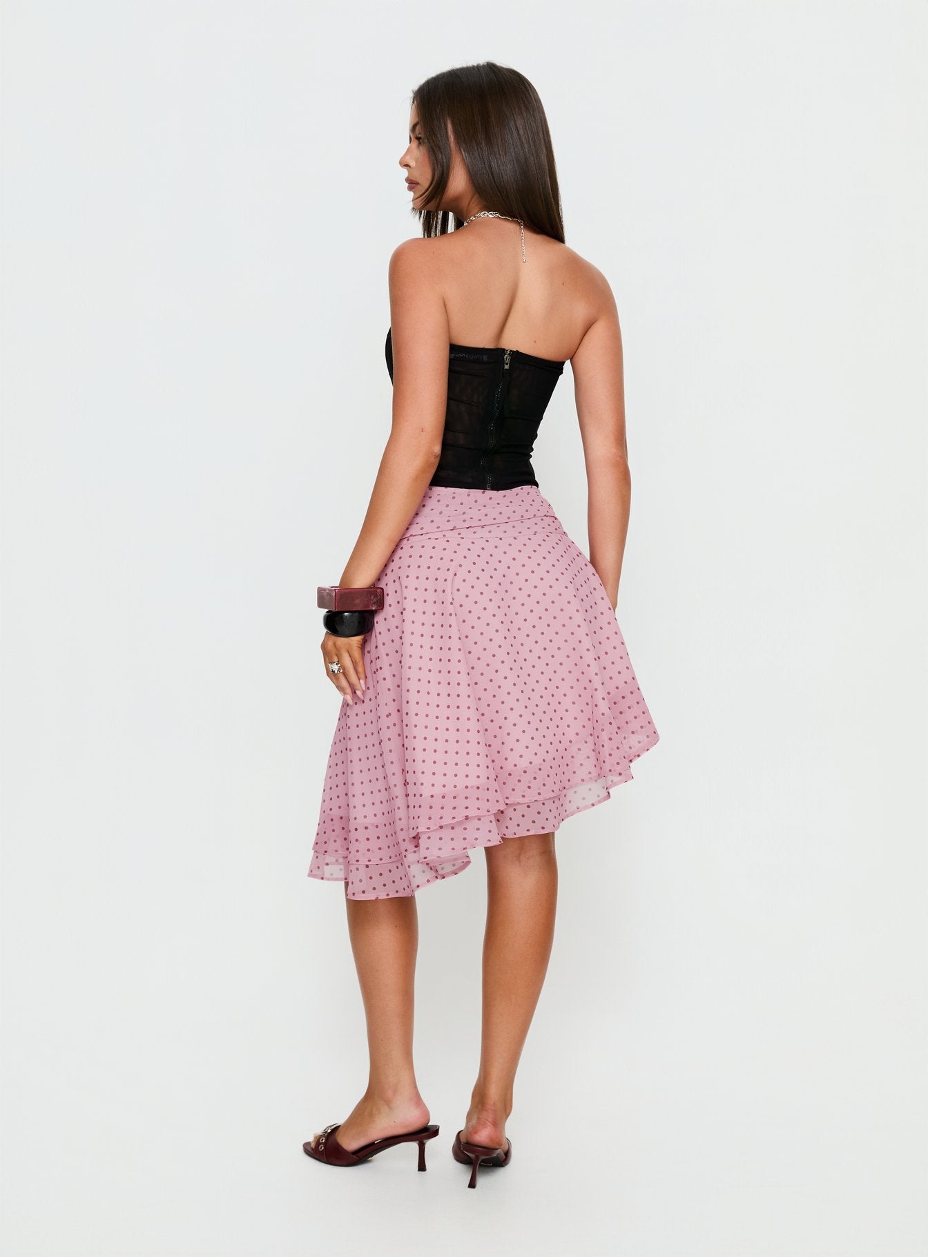 Evanescence Asymmetrical Midi Skirt Pink Polka Dot - Image 5