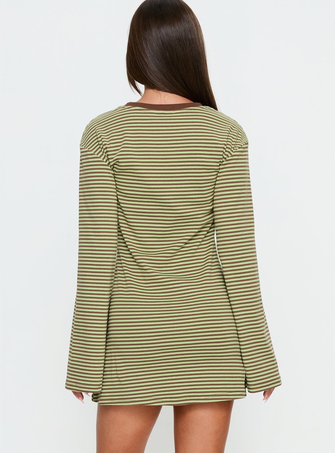 Lulolah Long Sleeve Mini Dress Green / Chocolate Stripe - Image 5
