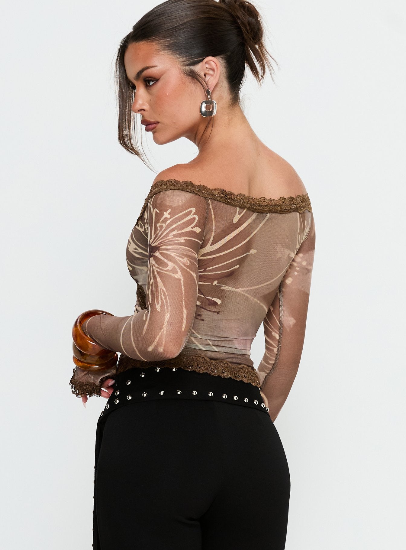 Katlyne Long Sleeve Lace Trim Top Brown Floral - Image 5