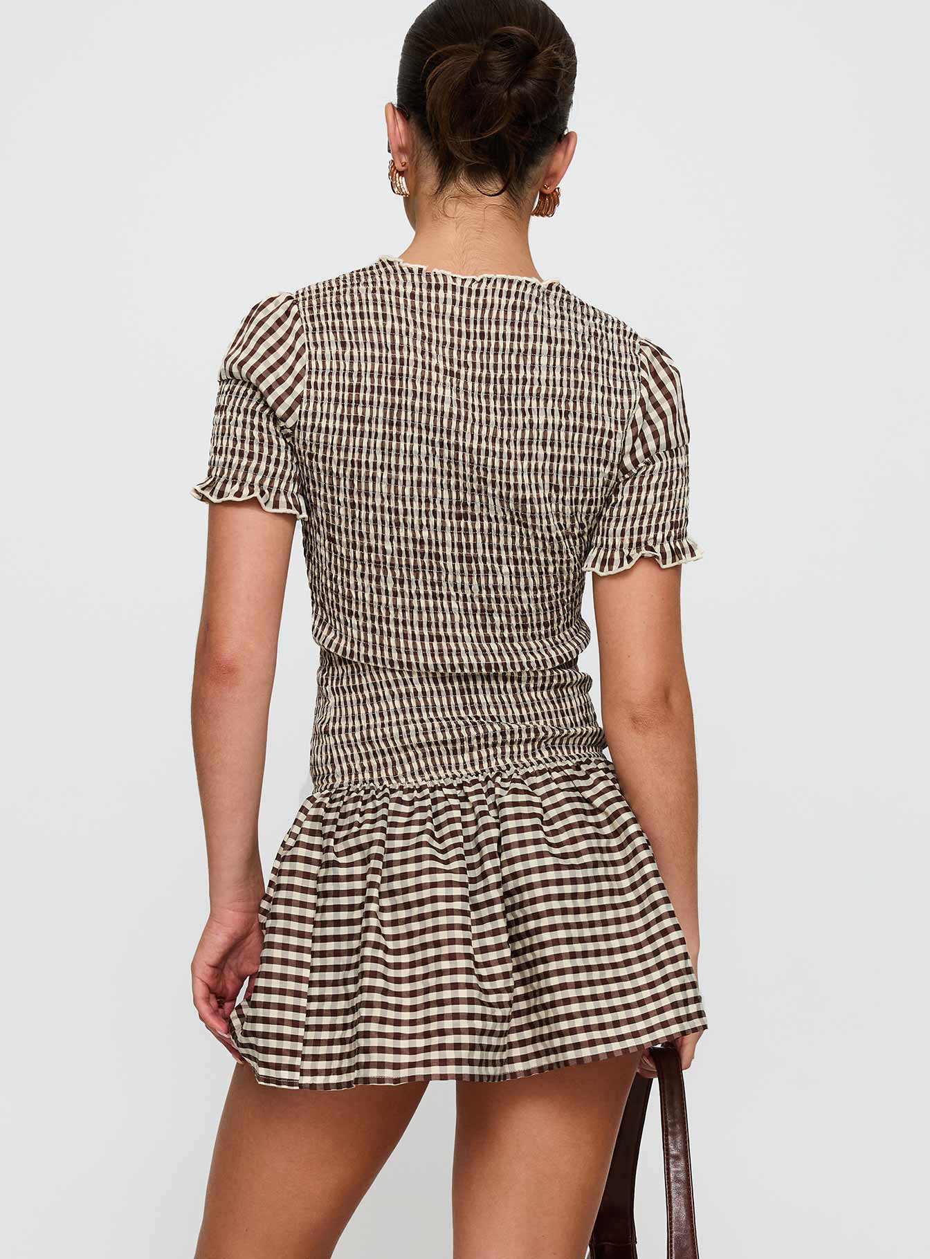 Laurita Shirred Mini Dress Brown Check Tall - Image 5