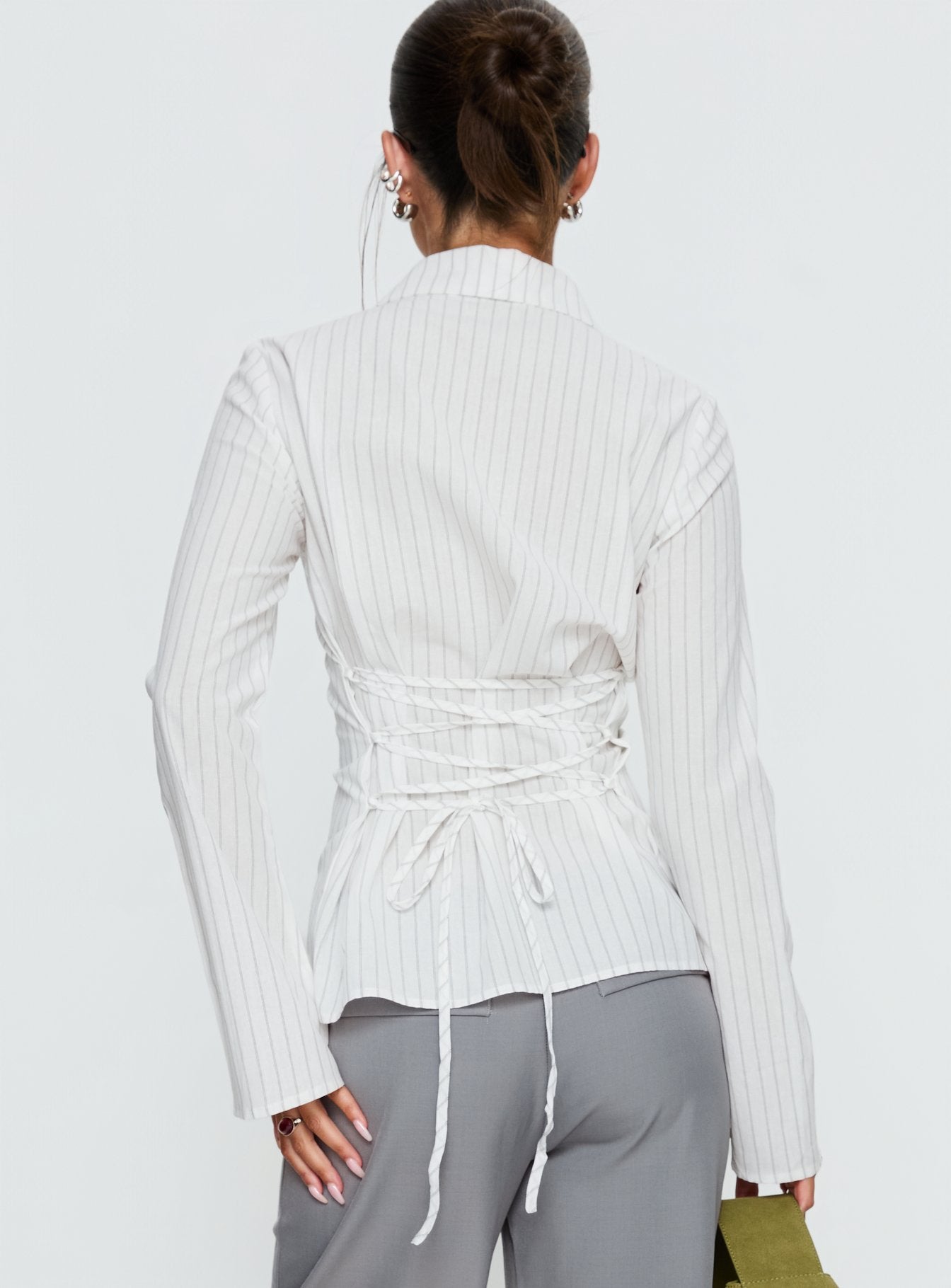 Eryx Tie Back Button Up Top White Pinstripe - Image 5