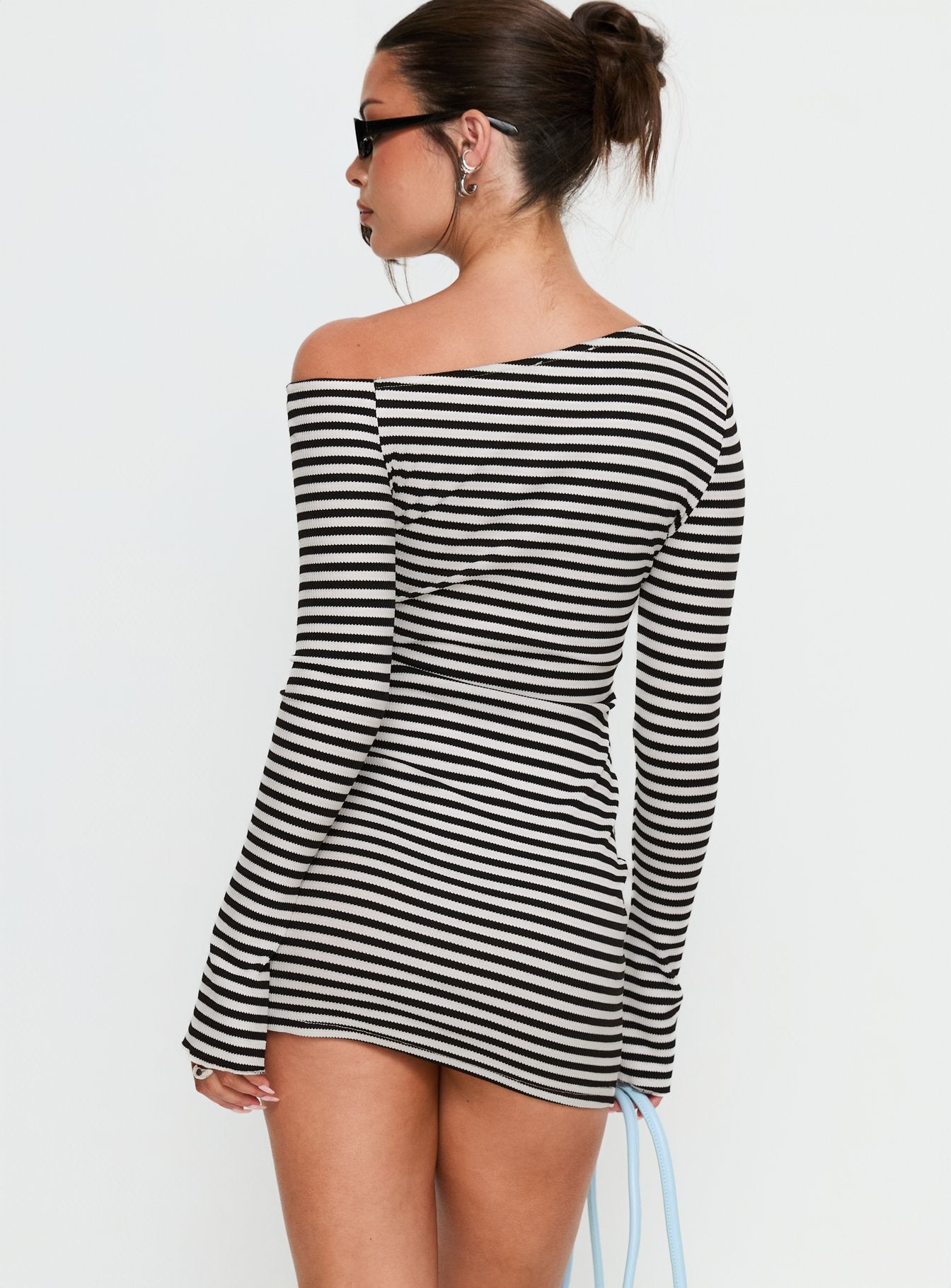 Journi Off Shoulder Long Sleeve Mini Dress Black / White Stripe - Image 5