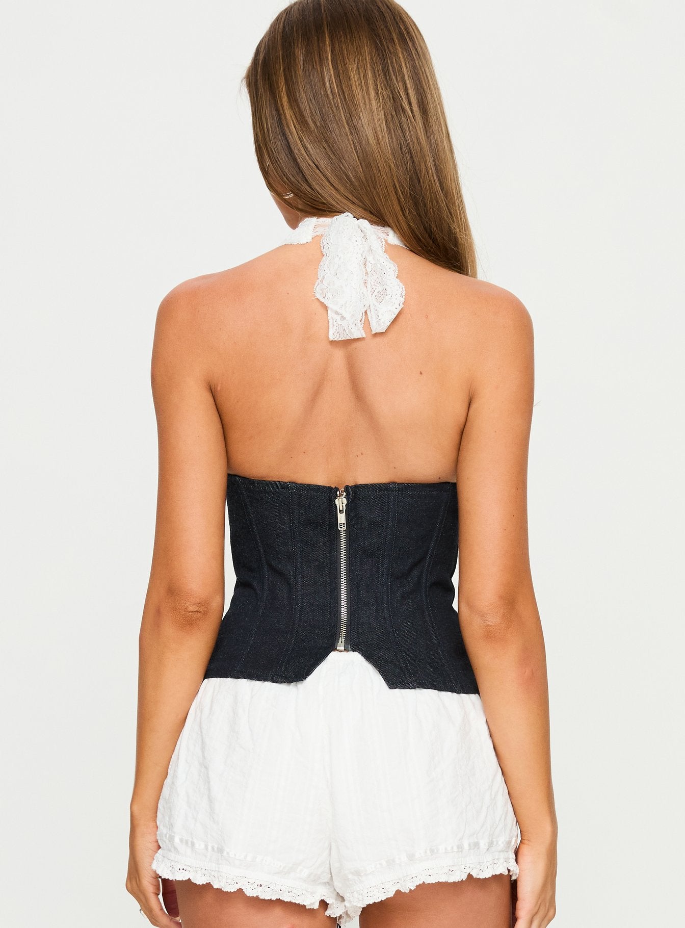 Dreamfields Lace Up Corset Top Dark Denim / White - Image 5
