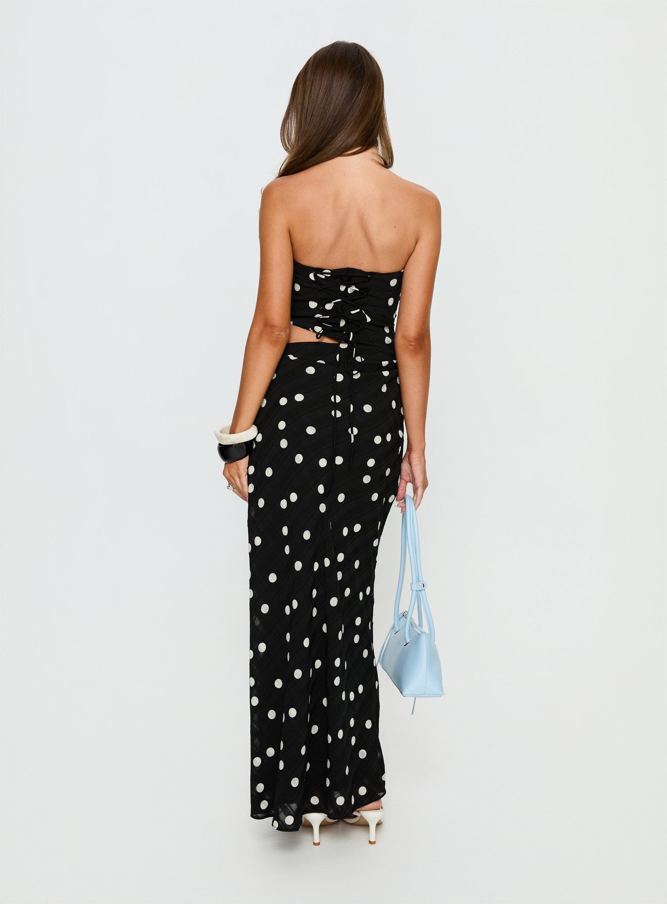 Jasira Strapless Drape Maxi Dress Black Polka Dot - Image 5